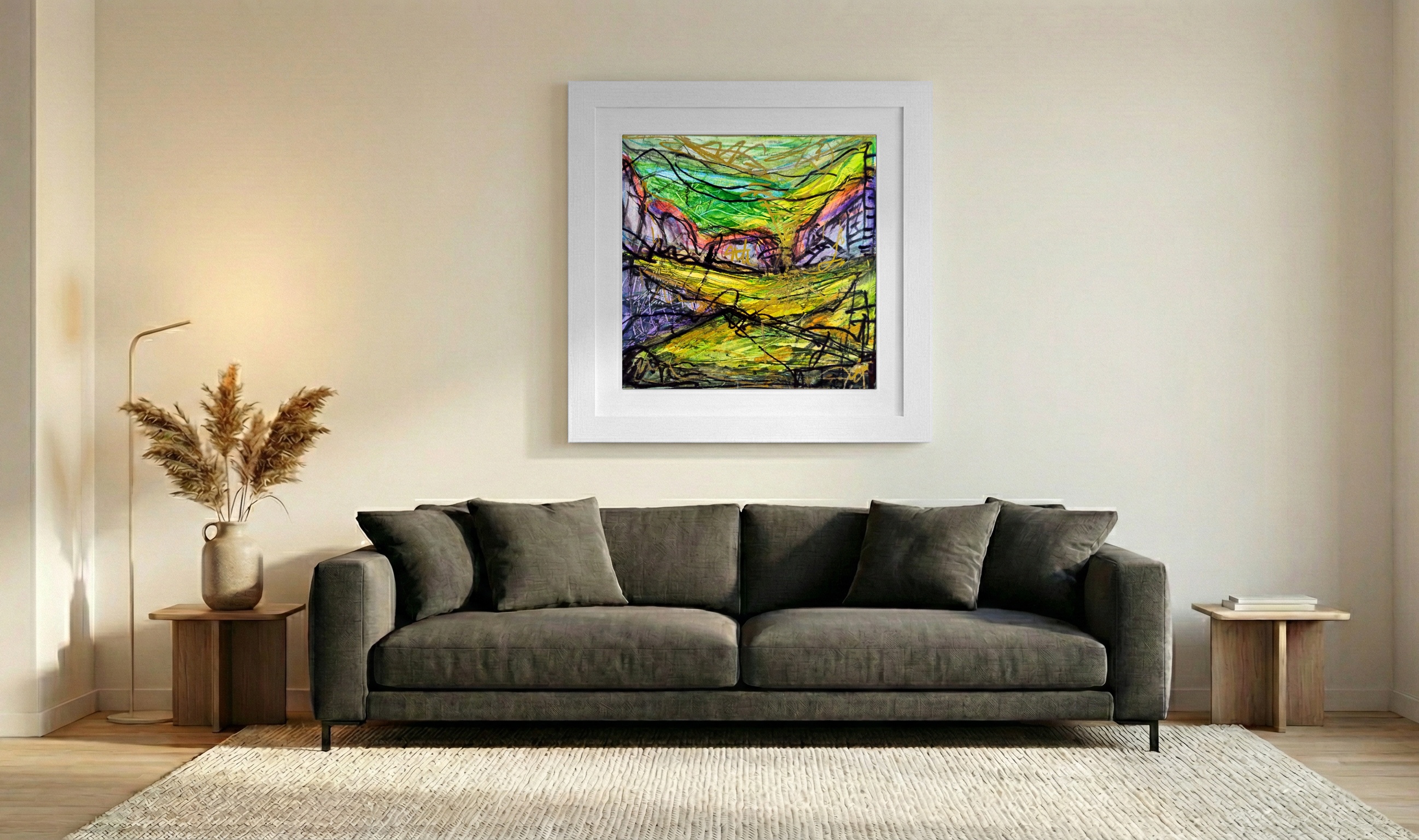 Sunny Green and Yellow Landscape on Paper — art on the wall, room interior preview 3
