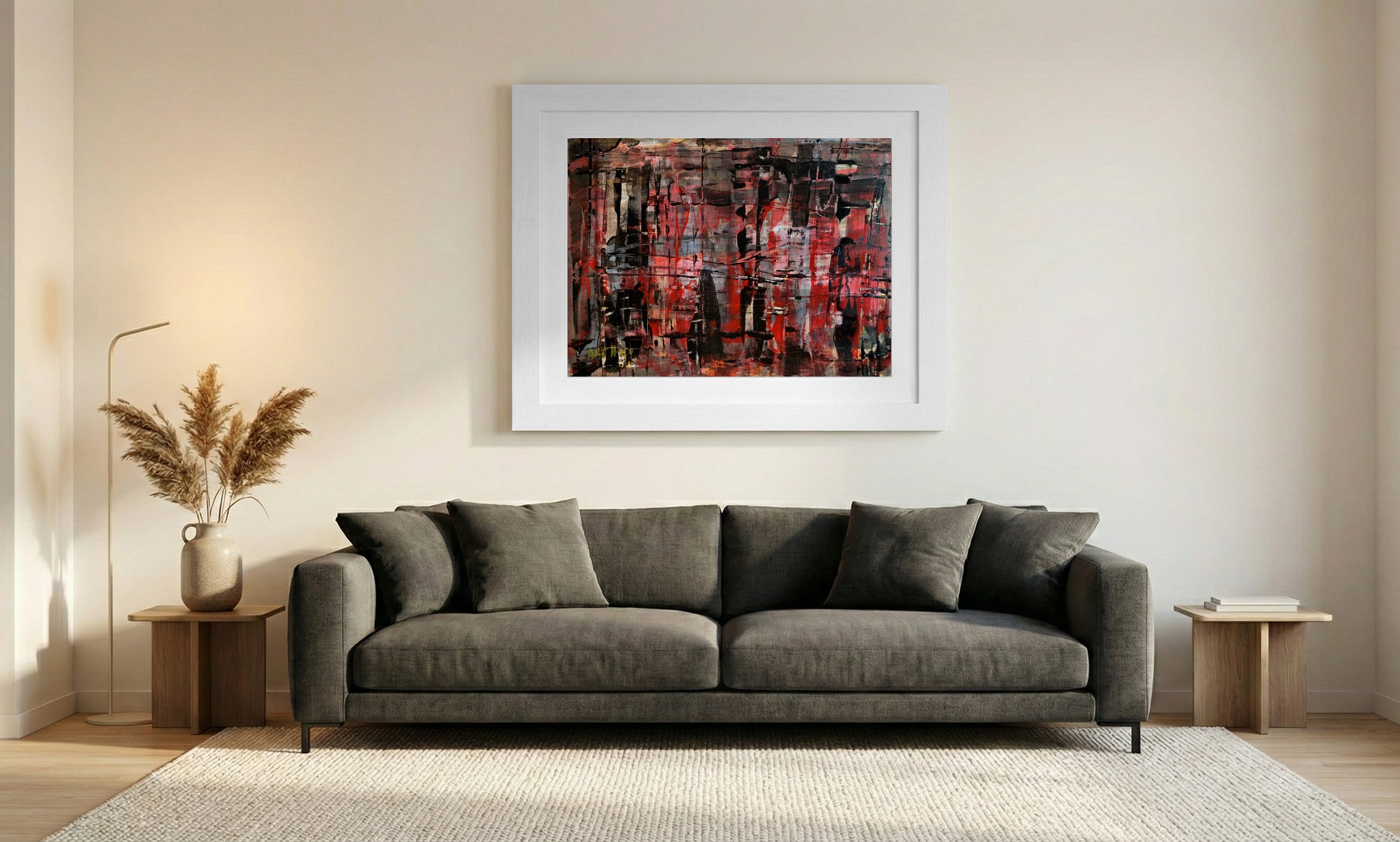 Crimson and Black Interplay on Paper — art on the wall, room interior preview 1
