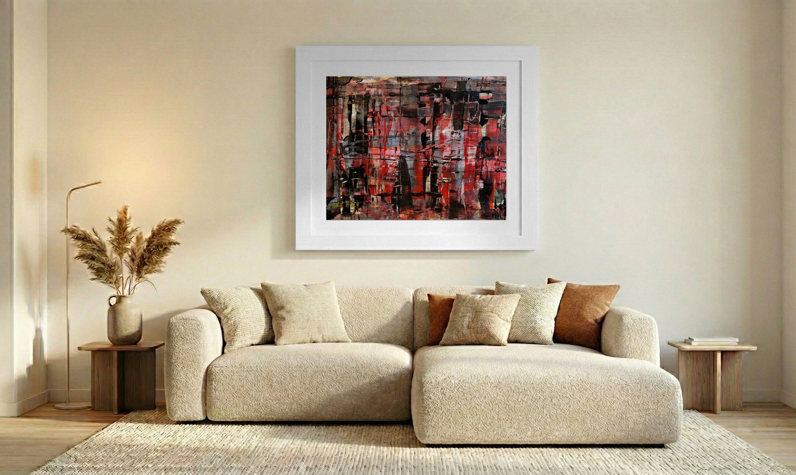 Crimson and Black Interplay on Paper — art on the wall, room interior preview 2