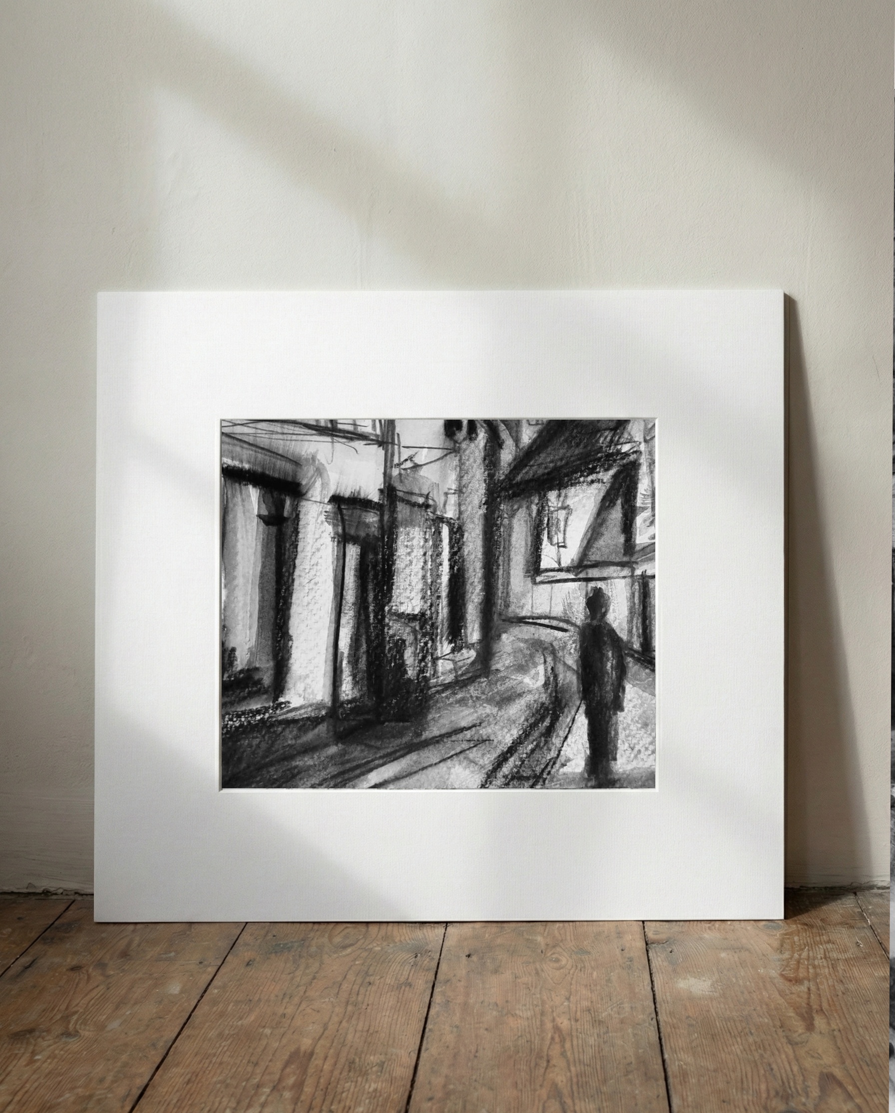 Expressive Black Watercolor Streets of Győr — art on the wall, room interior preview 1