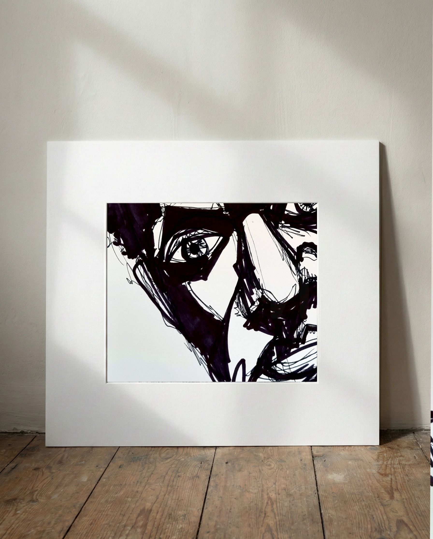 Emotive Black Marker Portrait of a Man — art on the wall, room interior preview 1