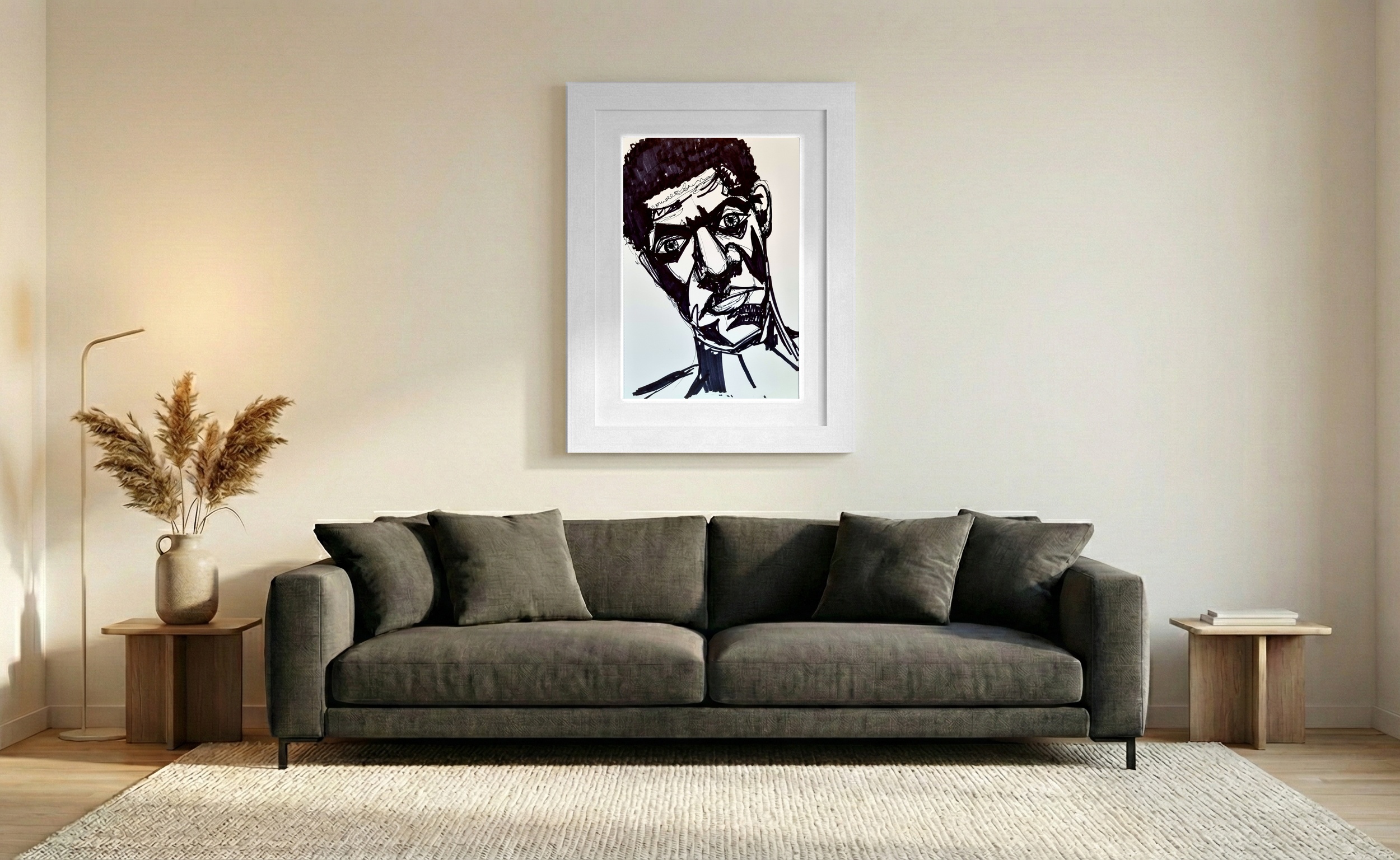 Emotive Black Marker Portrait of a Man — art on the wall, room interior preview 2