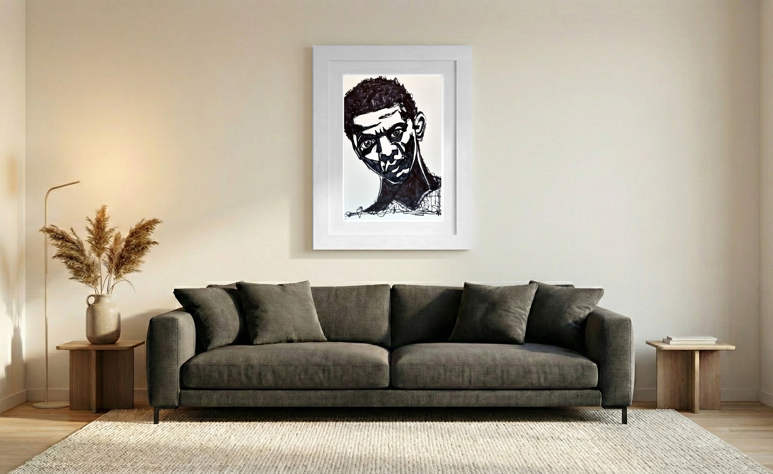 Intense Black Ink Portrait of a Man — art on the wall, room interior preview 2