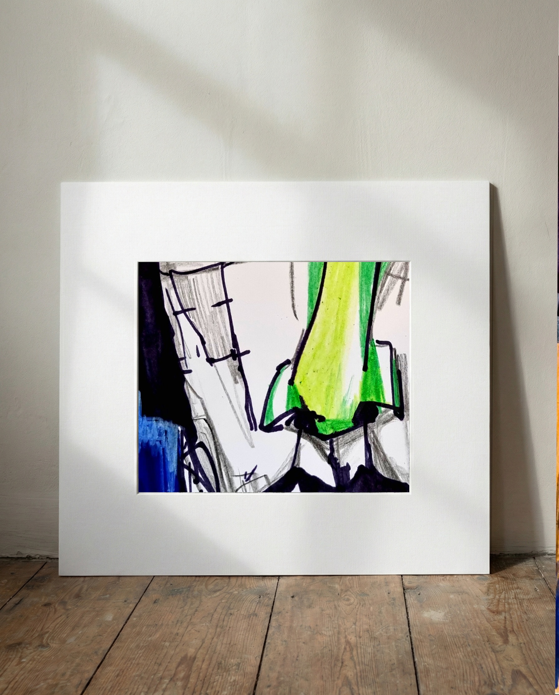 Green and Black Ink Woman's Portrait — art on the wall, room interior preview 1