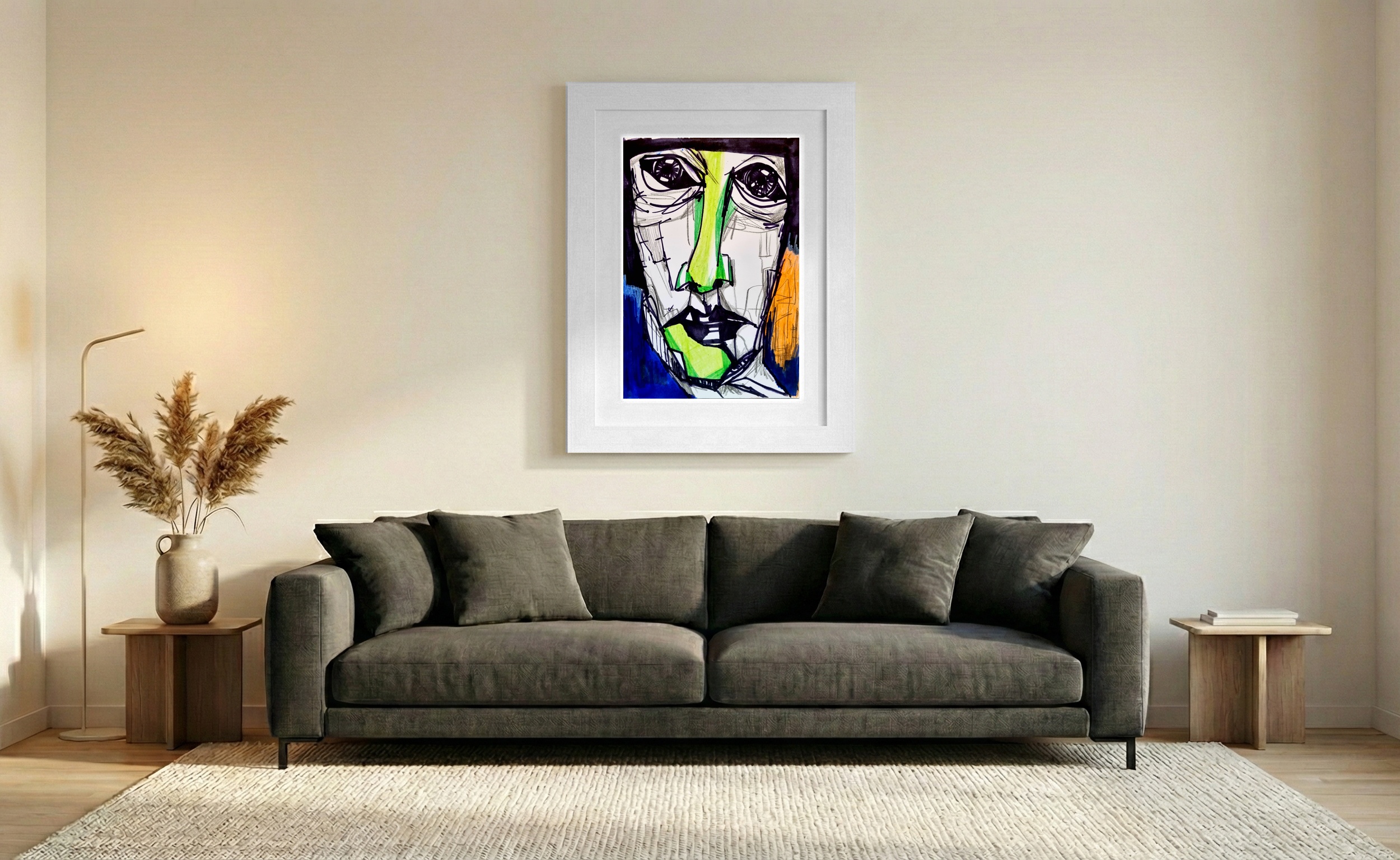 Green and Black Ink Woman's Portrait — art on the wall, room interior preview 2