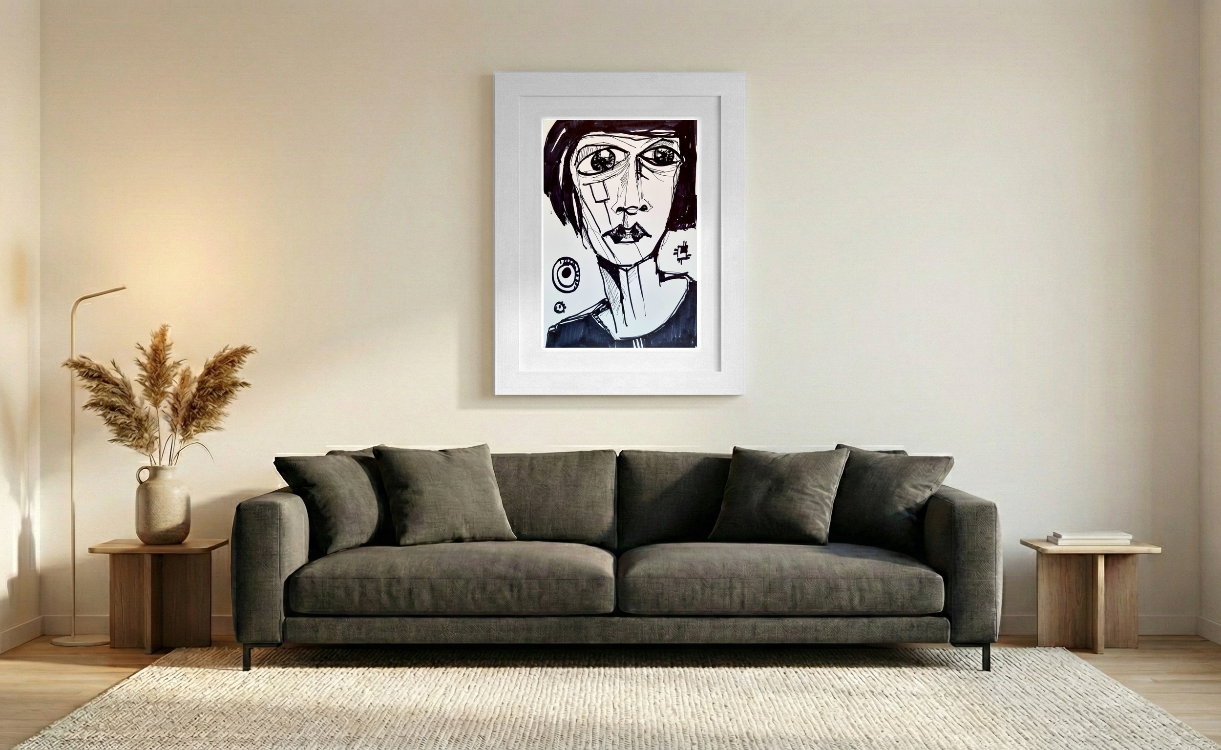 Bold Black Marker Portrait of a Woman — art on the wall, room interior preview 2