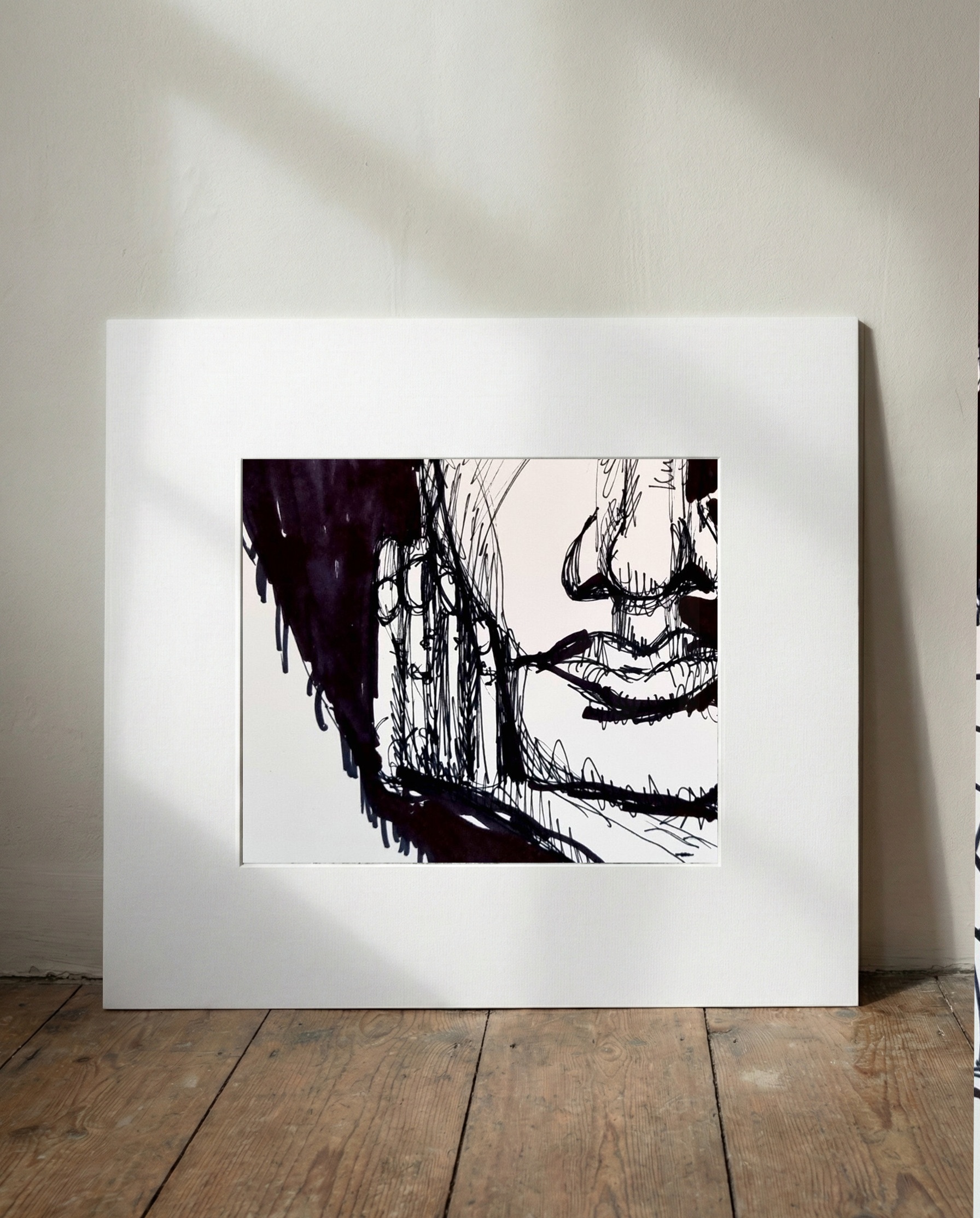 Striking Black Ink Woman's Face Drawing — art on the wall, room interior preview 1