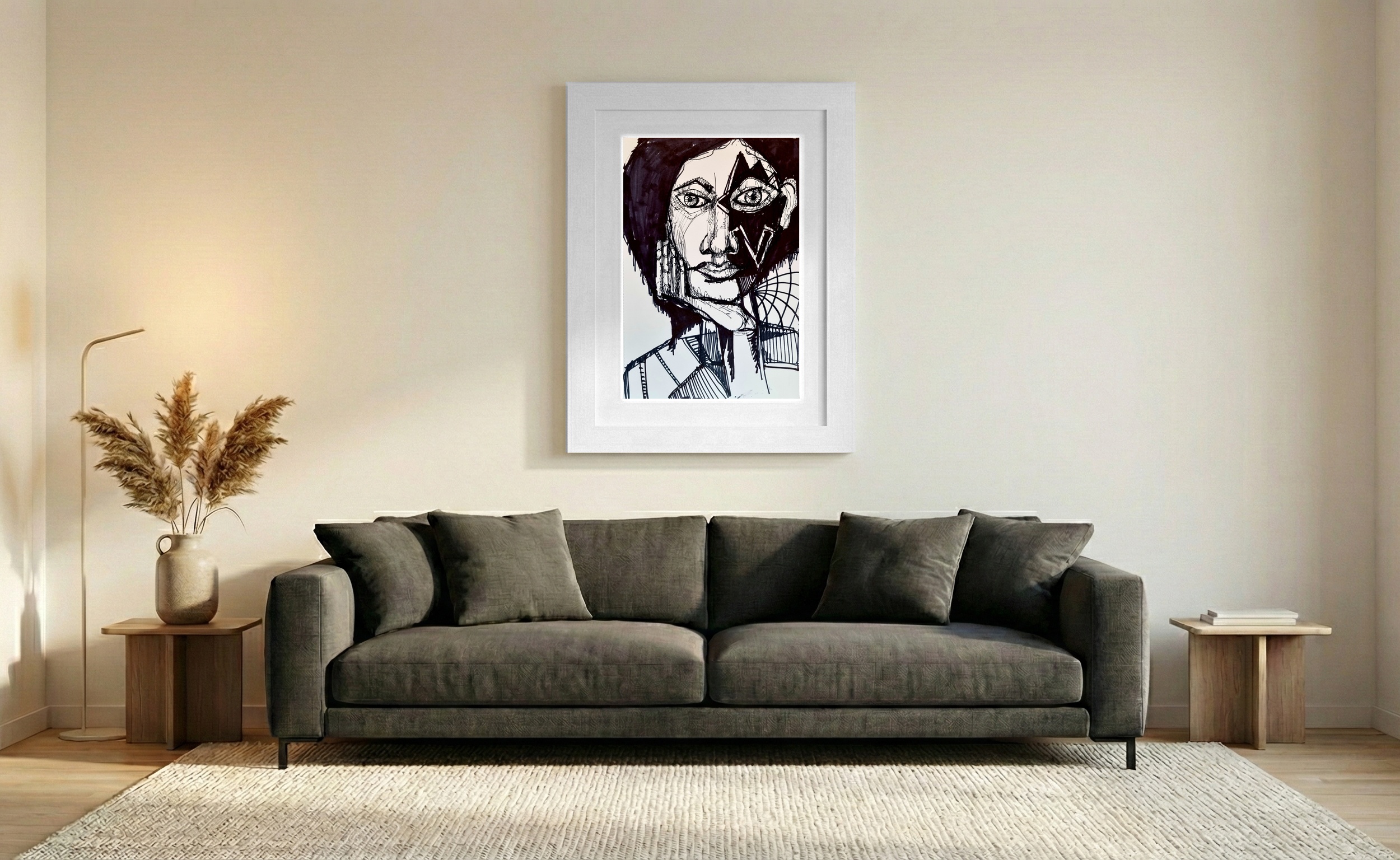 Striking Black Ink Woman's Face Drawing — art on the wall, room interior preview 2