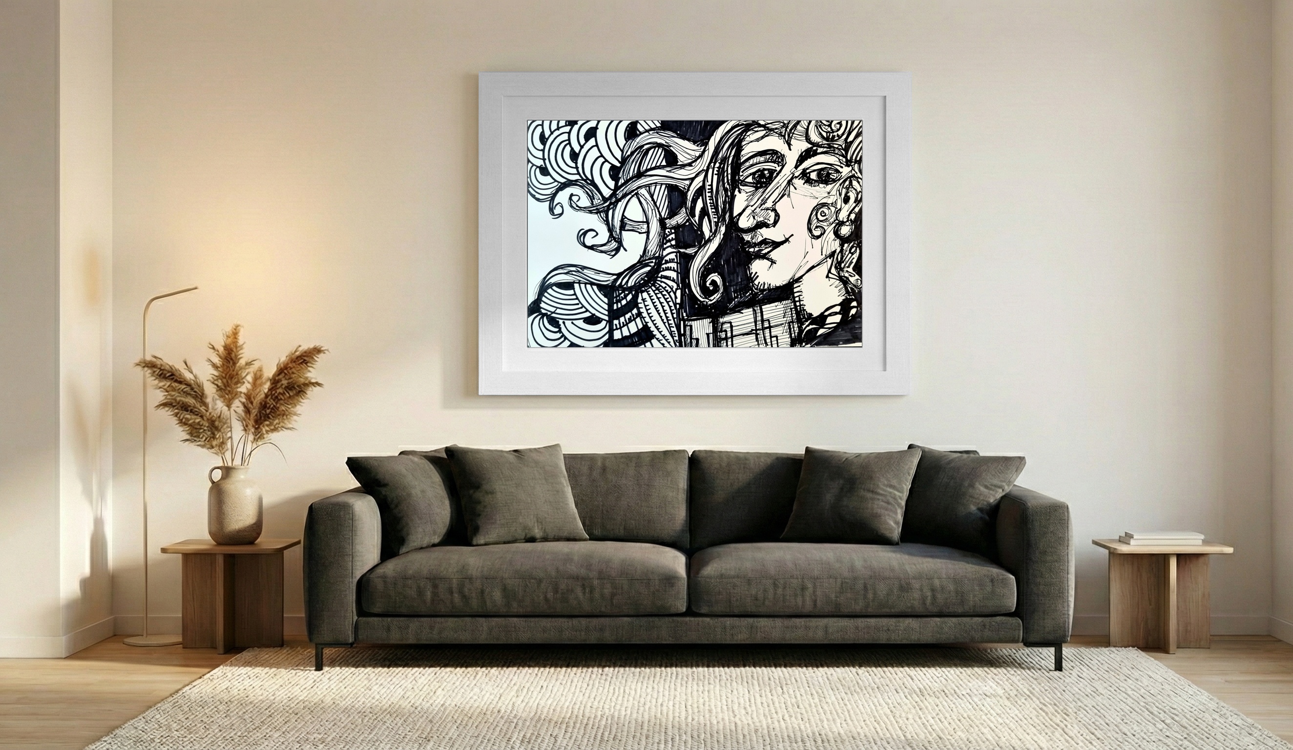 Flowing Curly Hair Marker Drawing — art on the wall, room interior preview 1