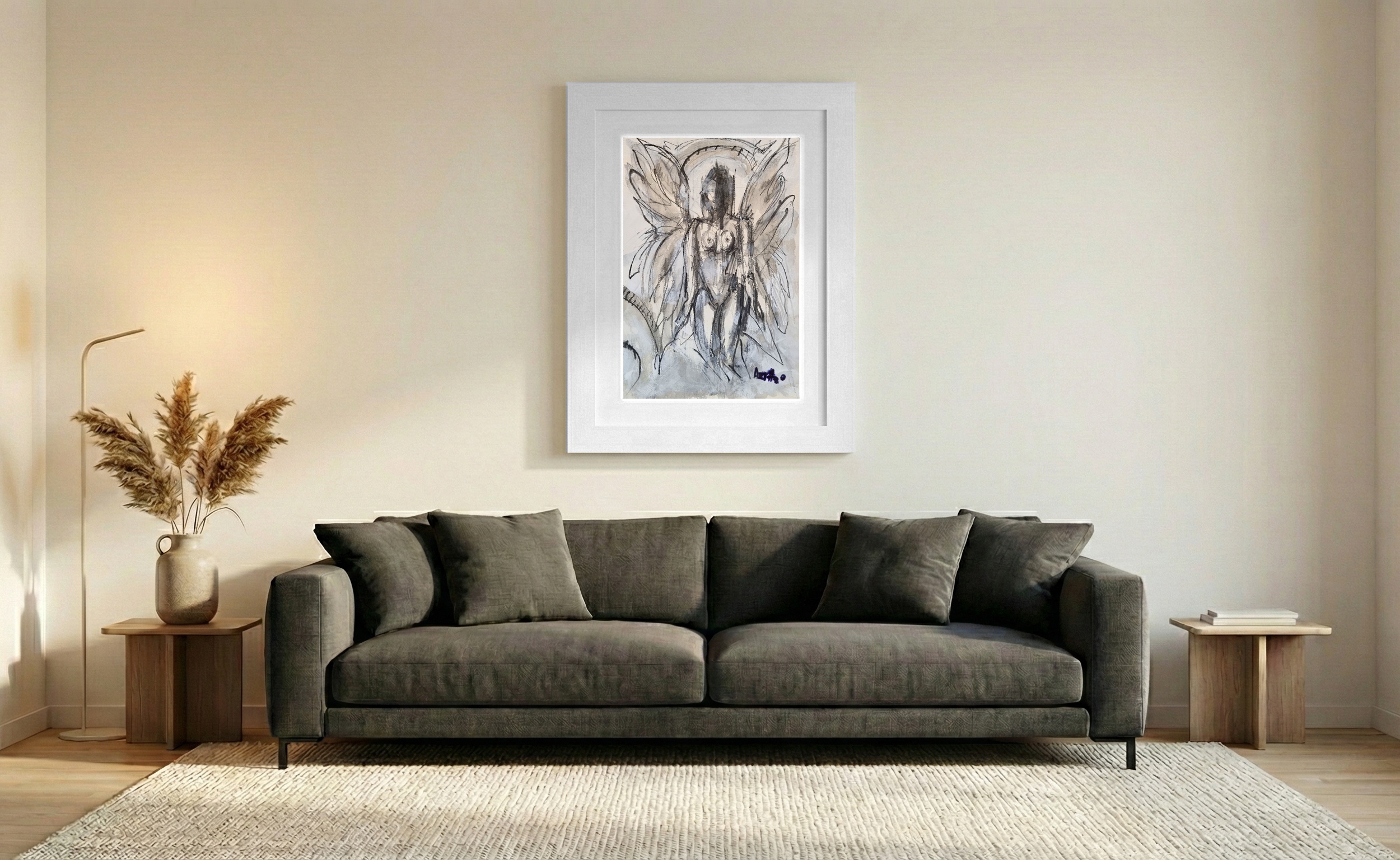 Charcoal Angel in Soft Watercolors — art on the wall, room interior preview 1