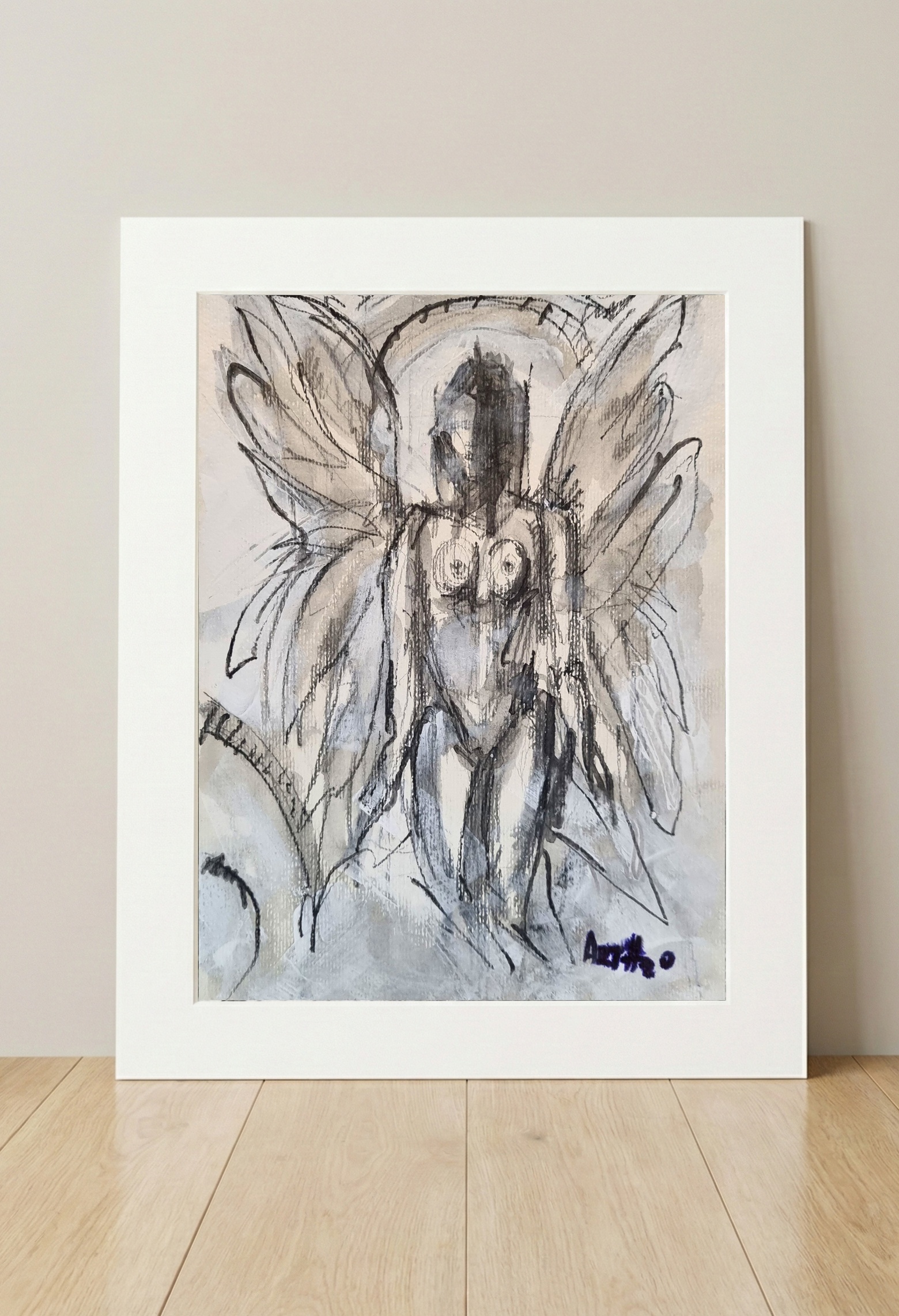 Charcoal Angel in Soft Watercolors — art on the wall, room interior preview 3