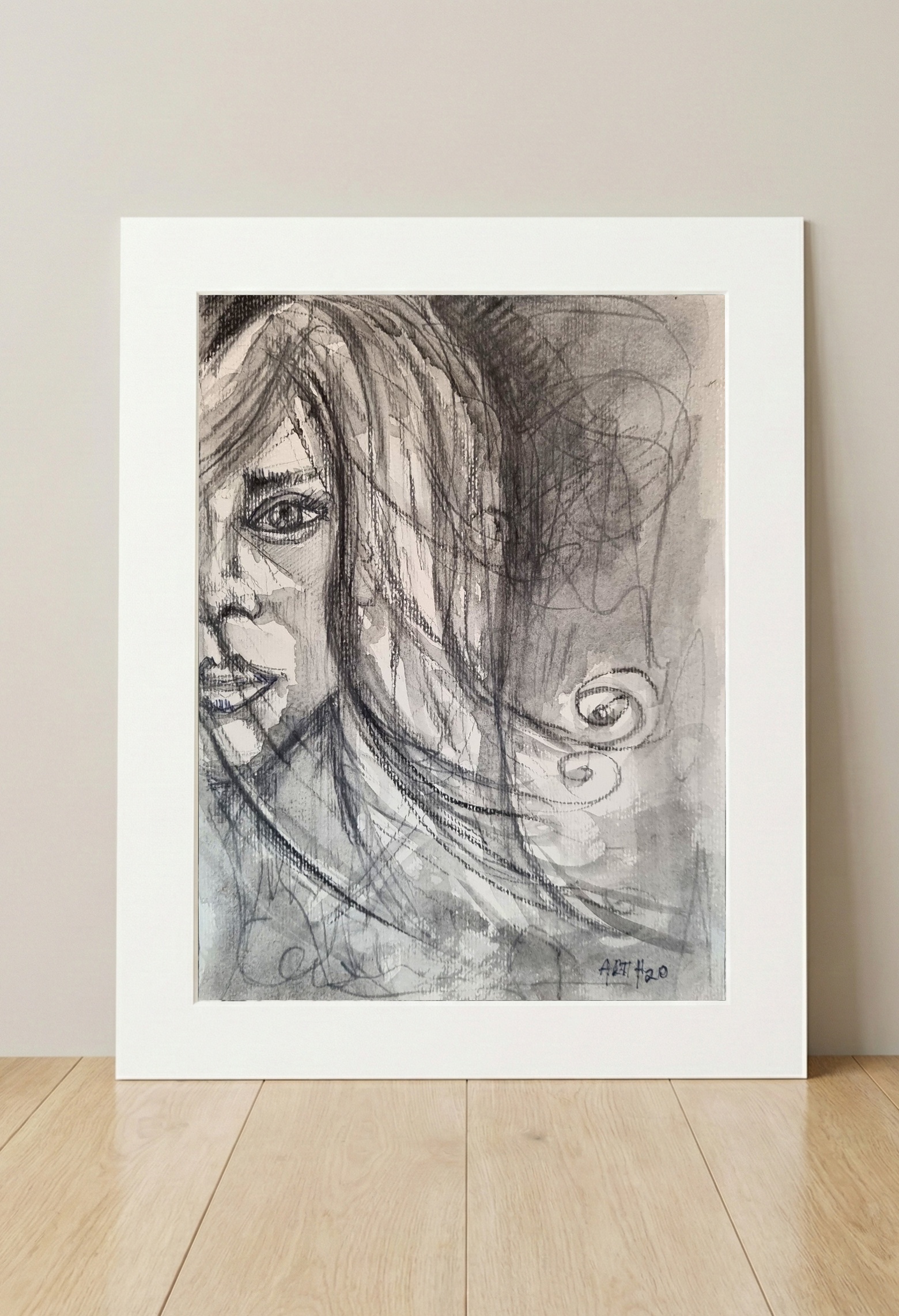 Long-Haired Girl Pencil Portrait — art on the wall, room interior preview 3