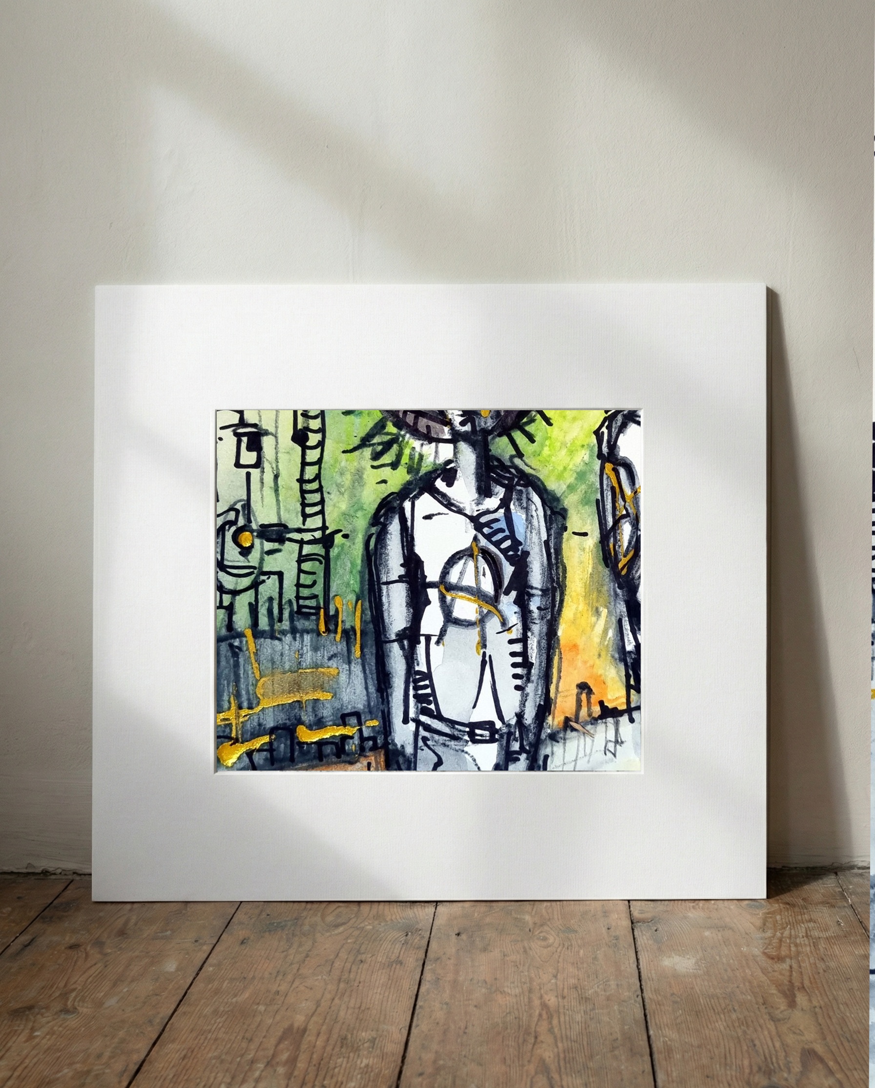 Yellow and Green Punk Figures Drawing — art on the wall, room interior preview 1
