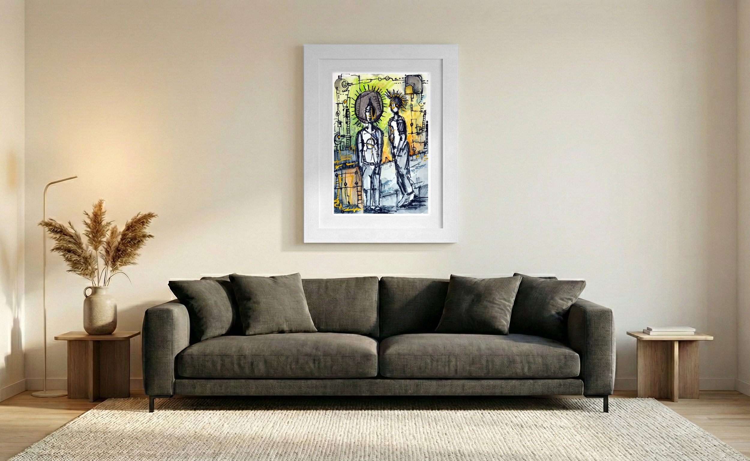 Yellow and Green Punk Figures Drawing — art on the wall, room interior preview 2