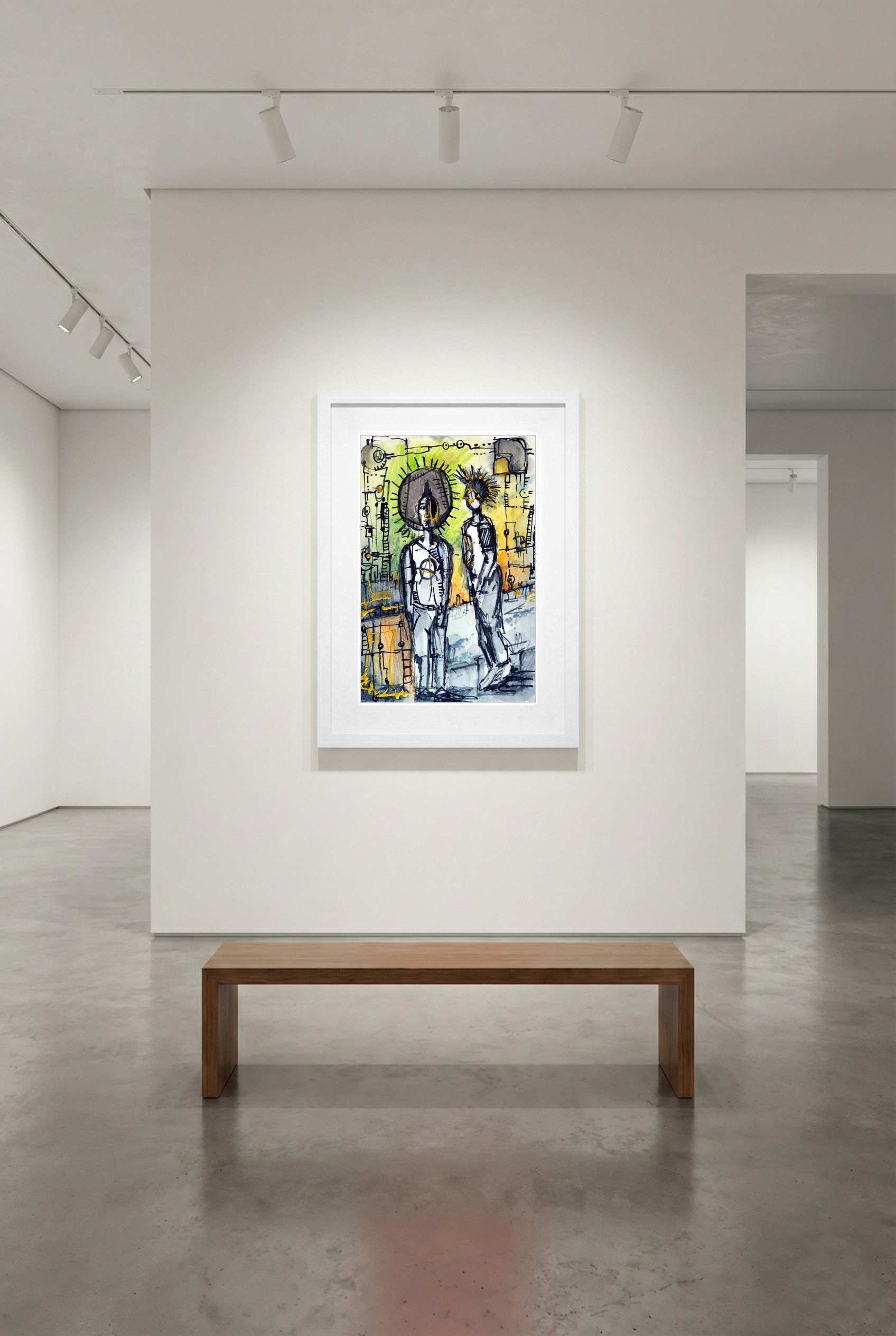 Yellow and Green Punk Figures Drawing — art on the wall, room interior preview 3