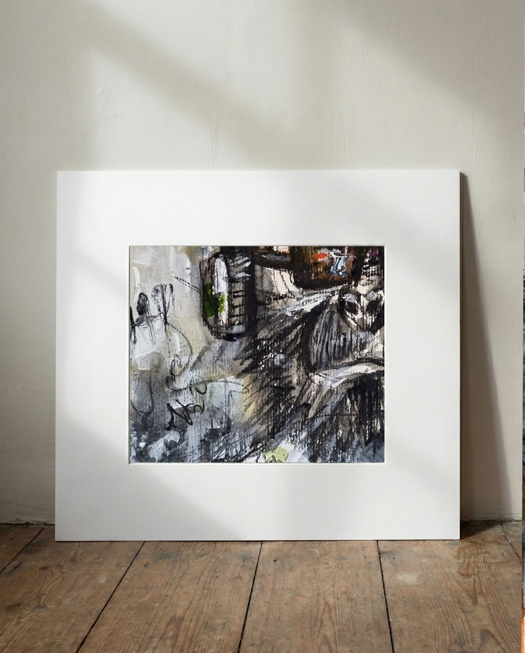 Muted Green Monkey Portrait in Ink and Watercolor — art on the wall, room interior preview 1