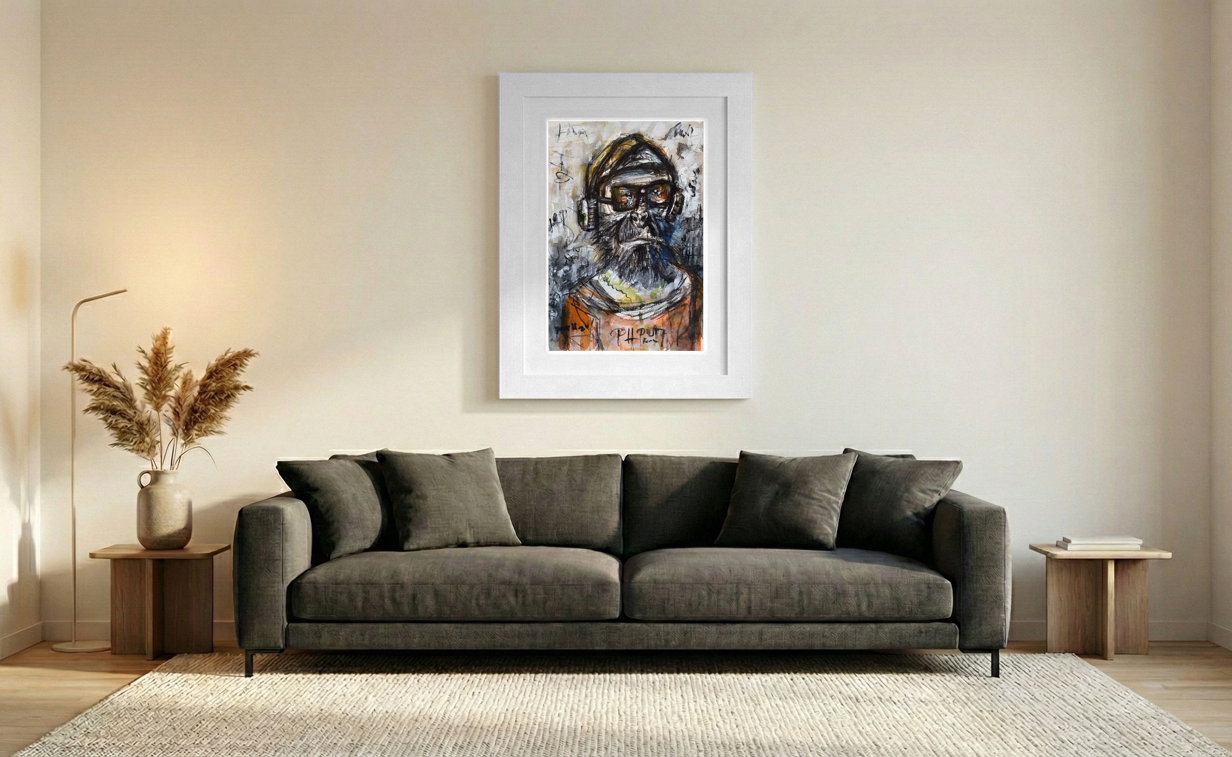 Muted Green Monkey Portrait in Ink and Watercolor — art on the wall, room interior preview 2