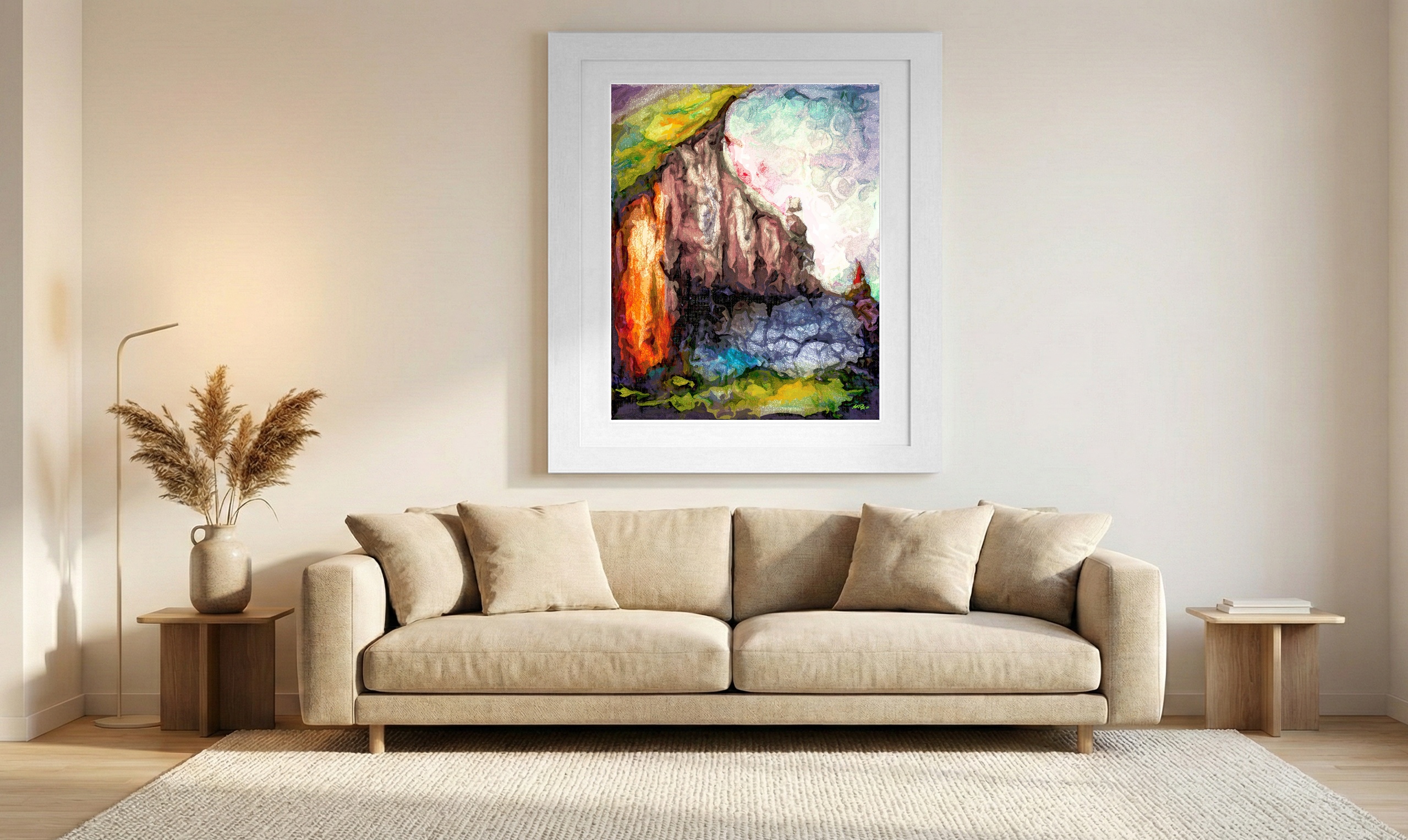 Ochre and Mauve Cliffs in Digital Landscape — art on the wall, room interior preview 1