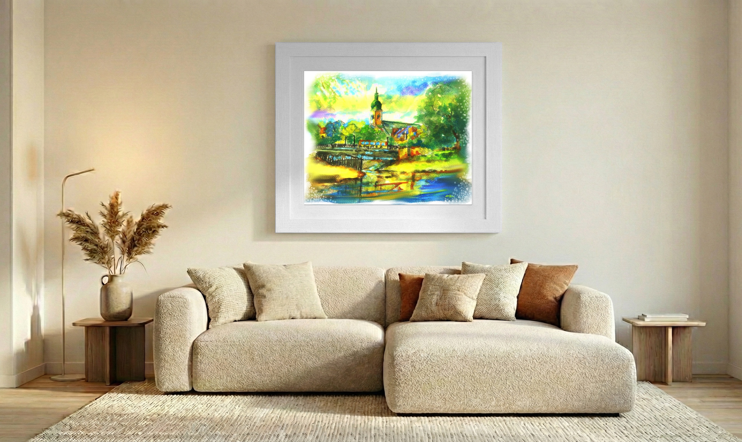 Vibrant Yellow and Green Landscape in Digital Art — art on the wall, room interior preview 2