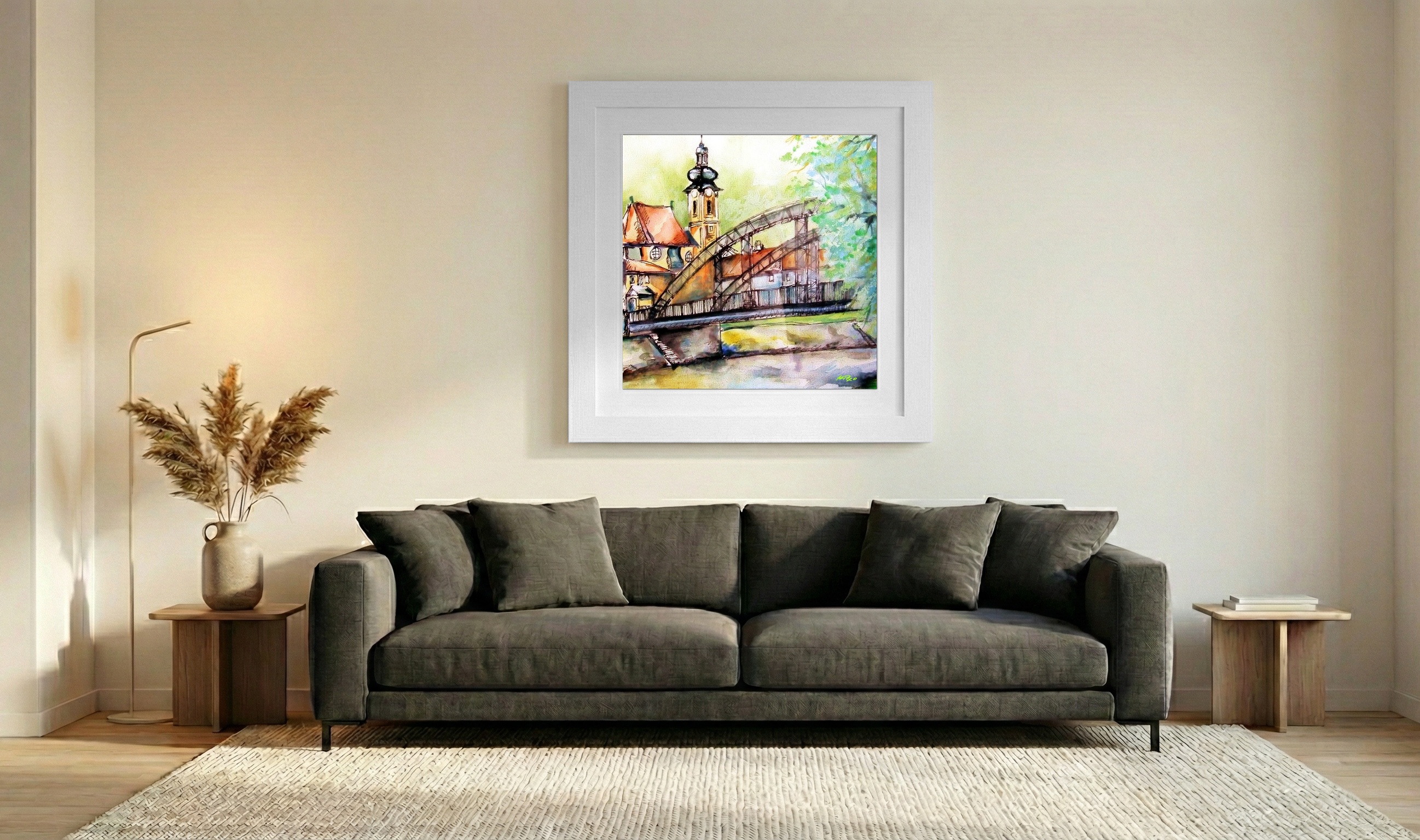 Ochre Green Karmelita Temple Print — art on the wall, room interior preview 3