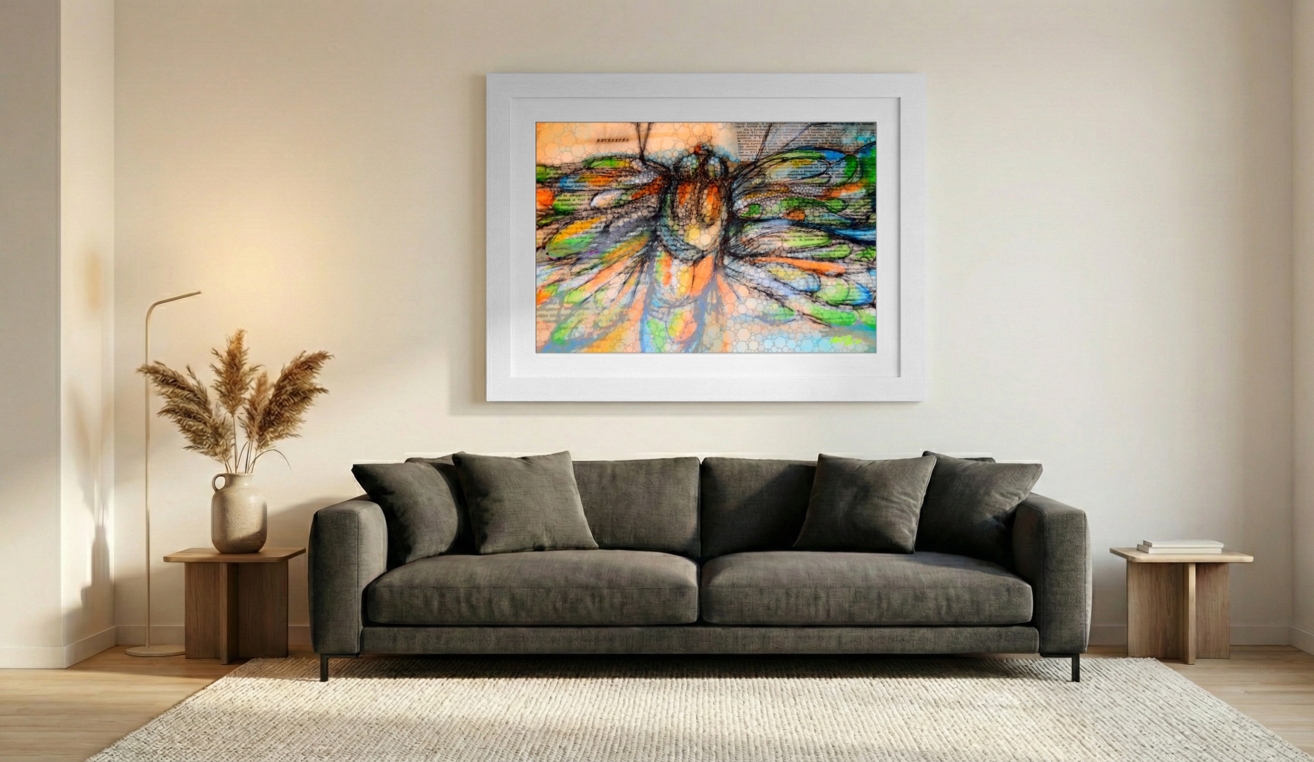 Ochre and Cerulean Butterfly with Text — art on the wall, room interior preview 1