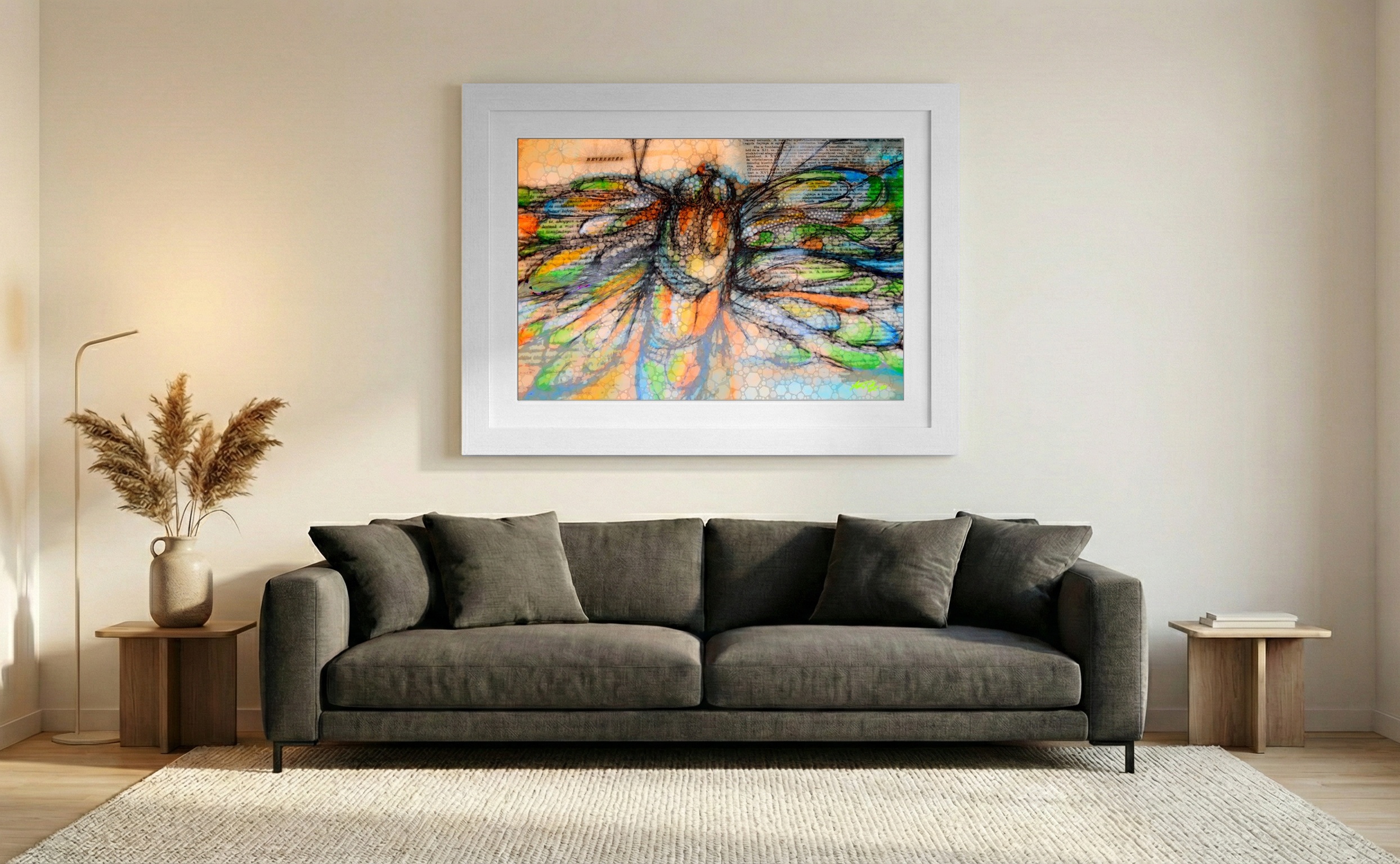 Ochre and Cerulean Butterfly with Text — art on the wall, room interior preview 2