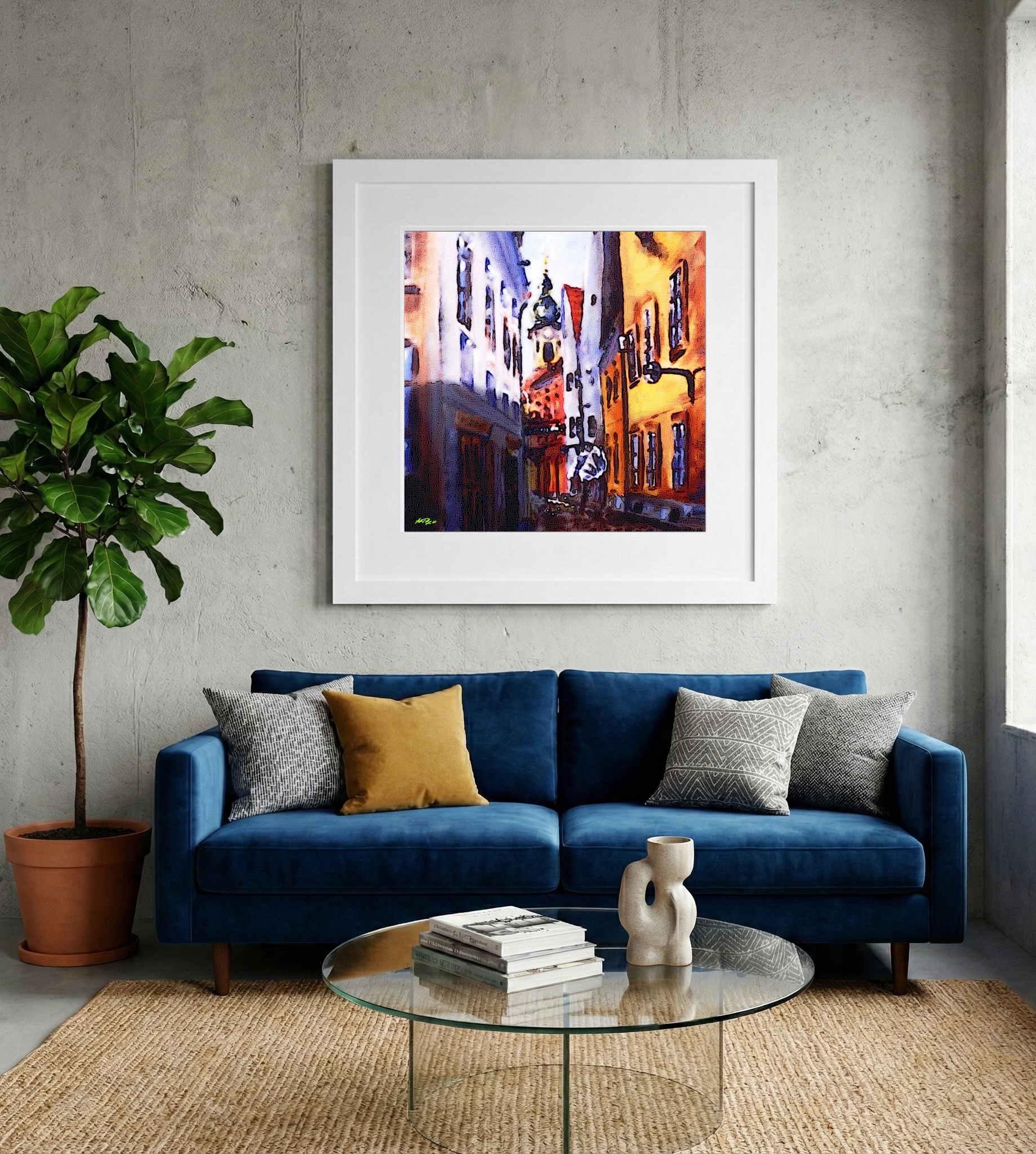 Ochre and Blue Gyor Cityscape — art on the wall, room interior preview 2