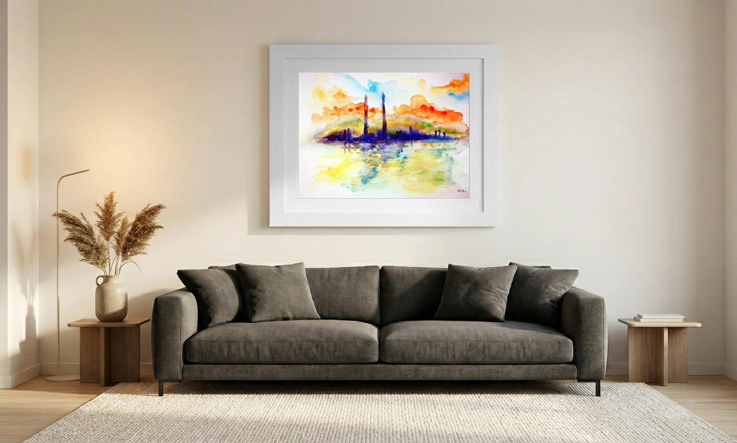 Vermilion and Cerulean Dublin Sunset — art on the wall, room interior preview 1
