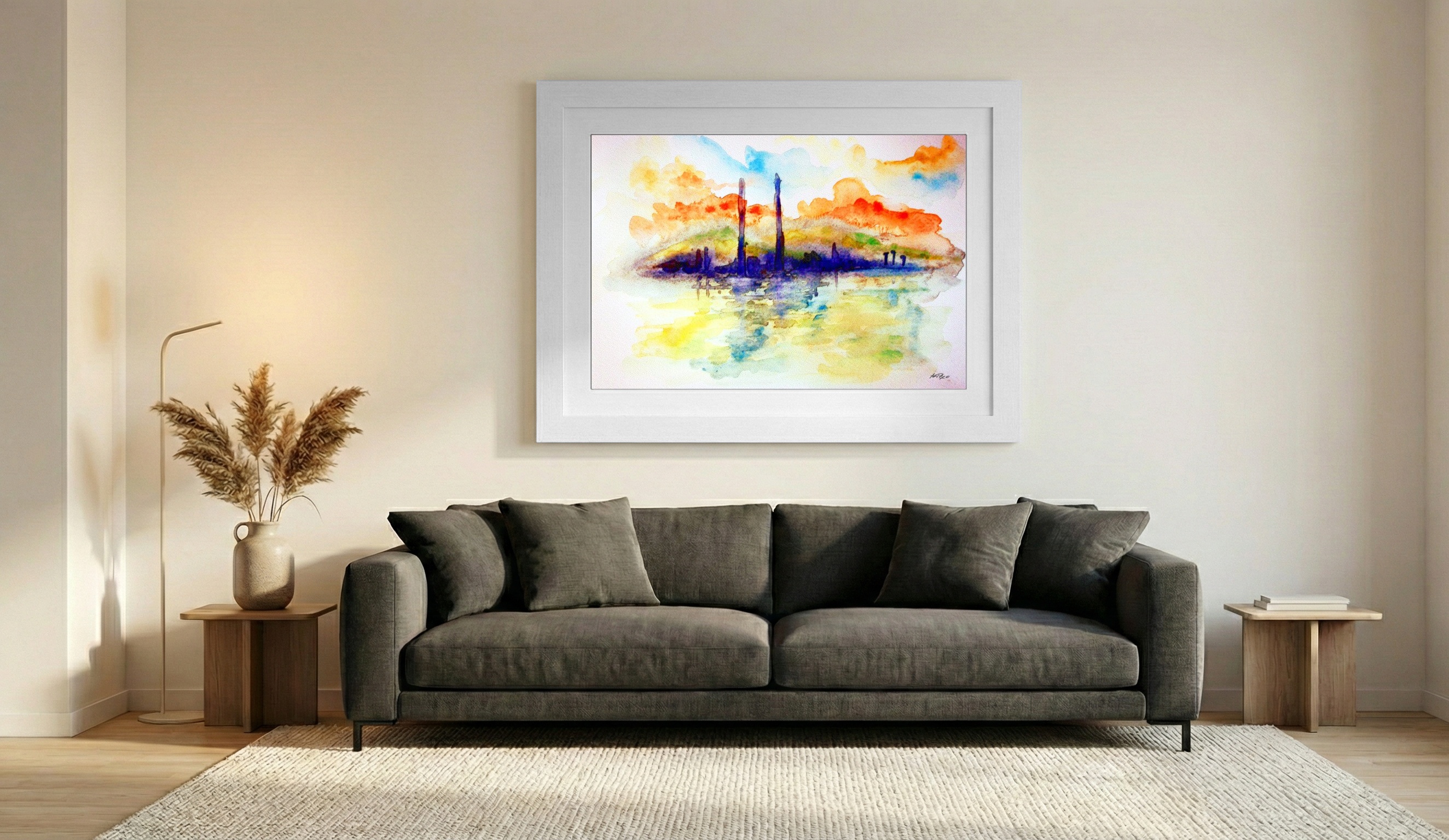 Vermilion and Cerulean Dublin Sunset — art on the wall, room interior preview 2