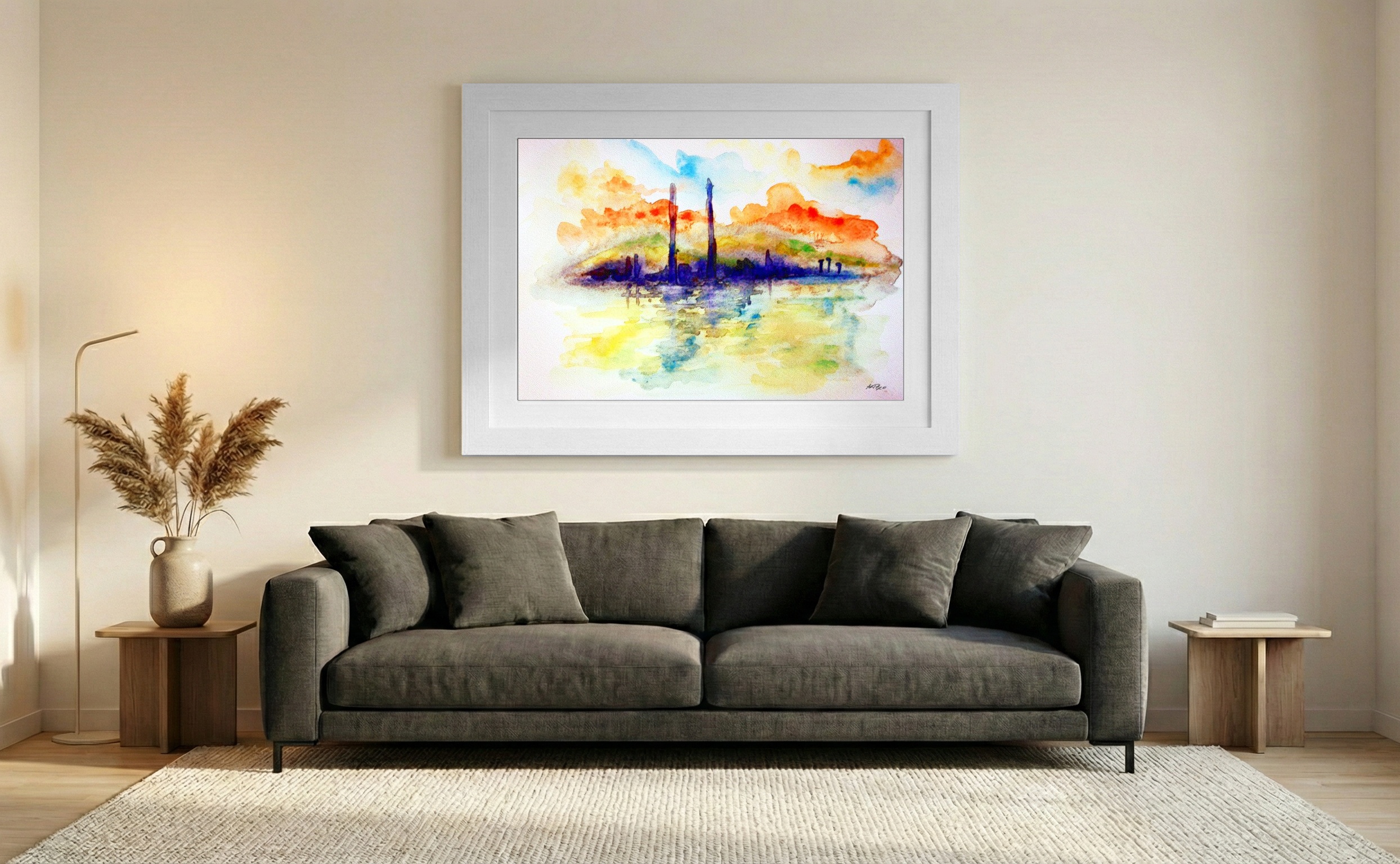 Vermilion and Cerulean Dublin Sunset — art on the wall, room interior preview 3