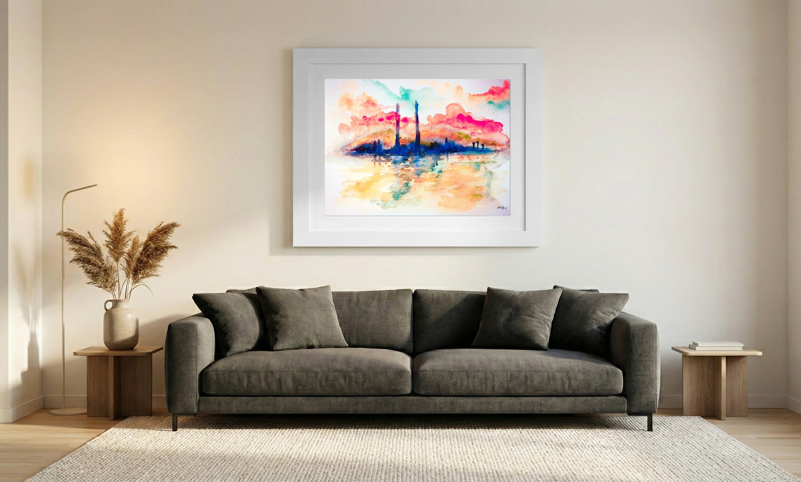 Magenta and Indigo Dublin Chimneys — art on the wall, room interior preview 1