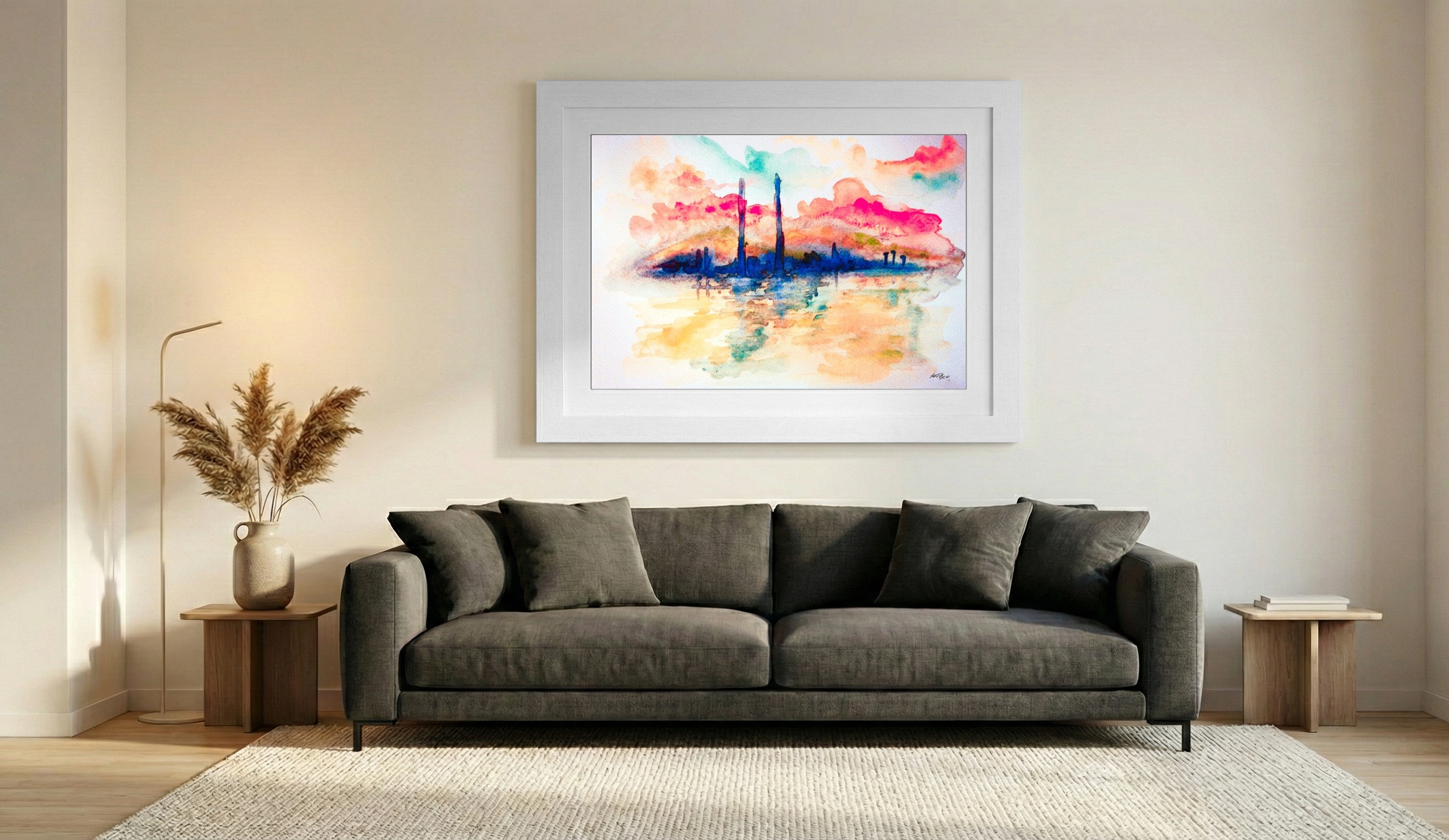 Magenta and Indigo Dublin Chimneys — art on the wall, room interior preview 2