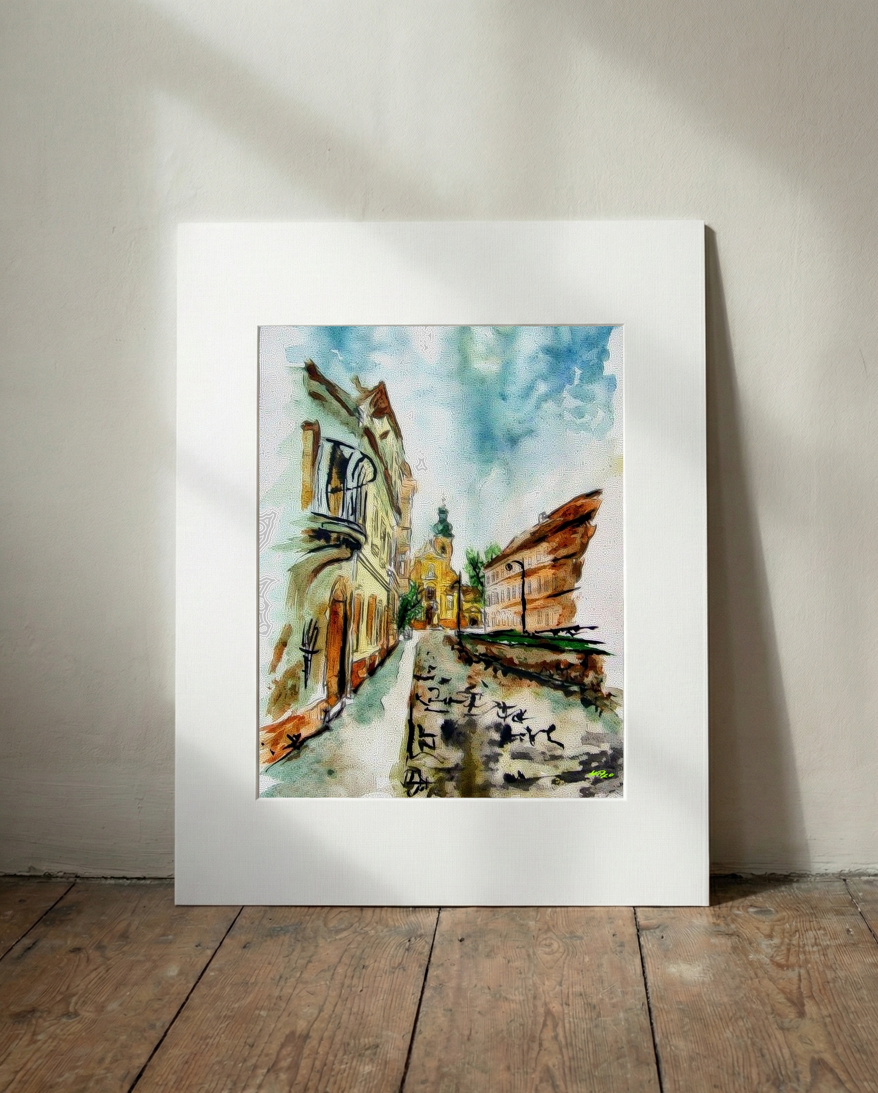 Turquoise and Ochre Serene Street Scene — art on the wall, room interior preview 3