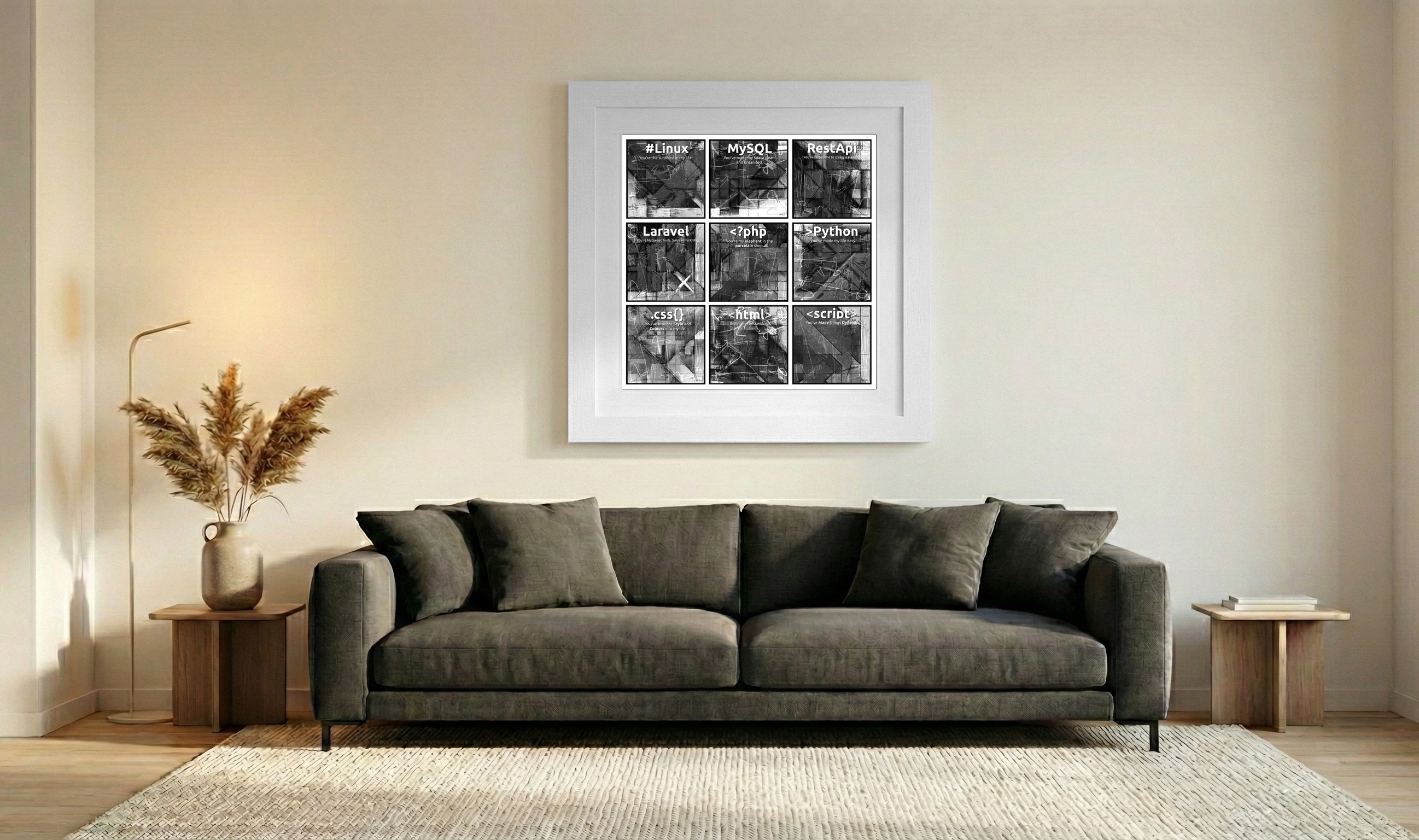 Ebony and White Tech-Inspired Grid Art — art on the wall, room interior preview 3