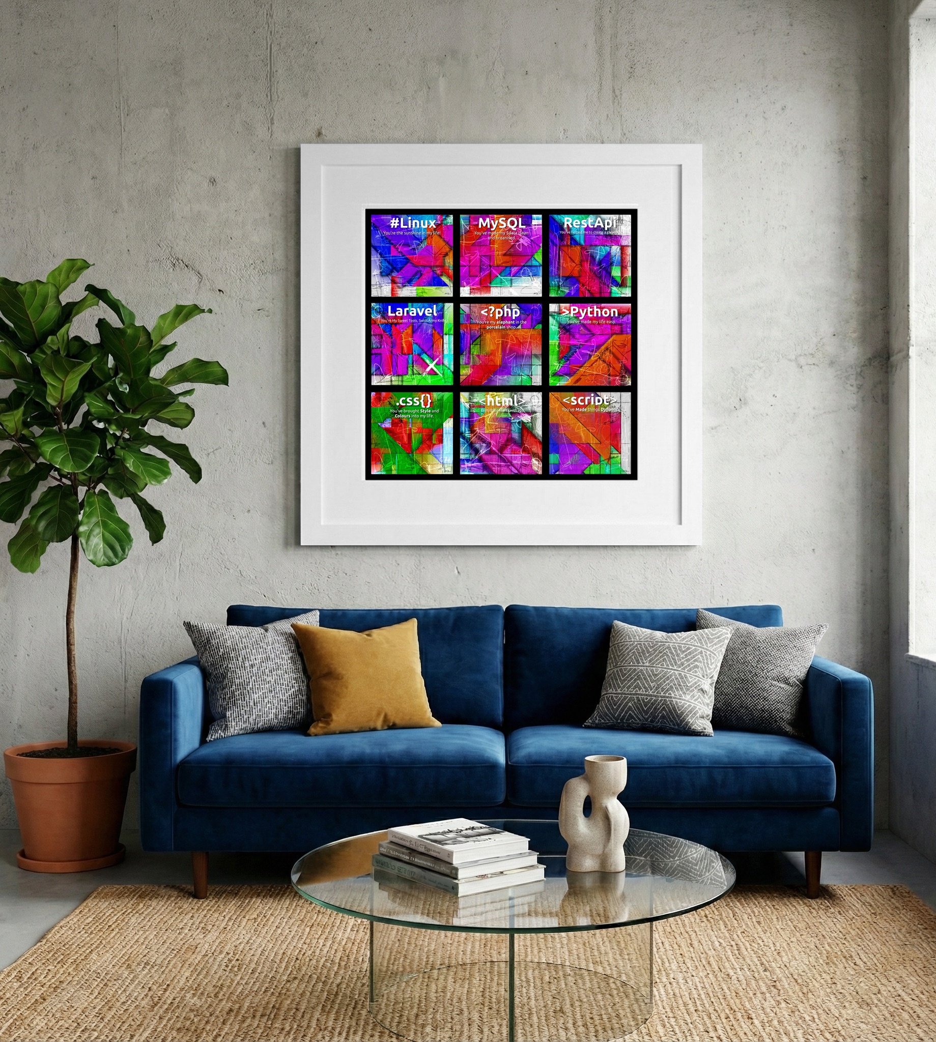 Magenta and Cyan Abstract Tech Grid — art on the wall, room interior preview 2