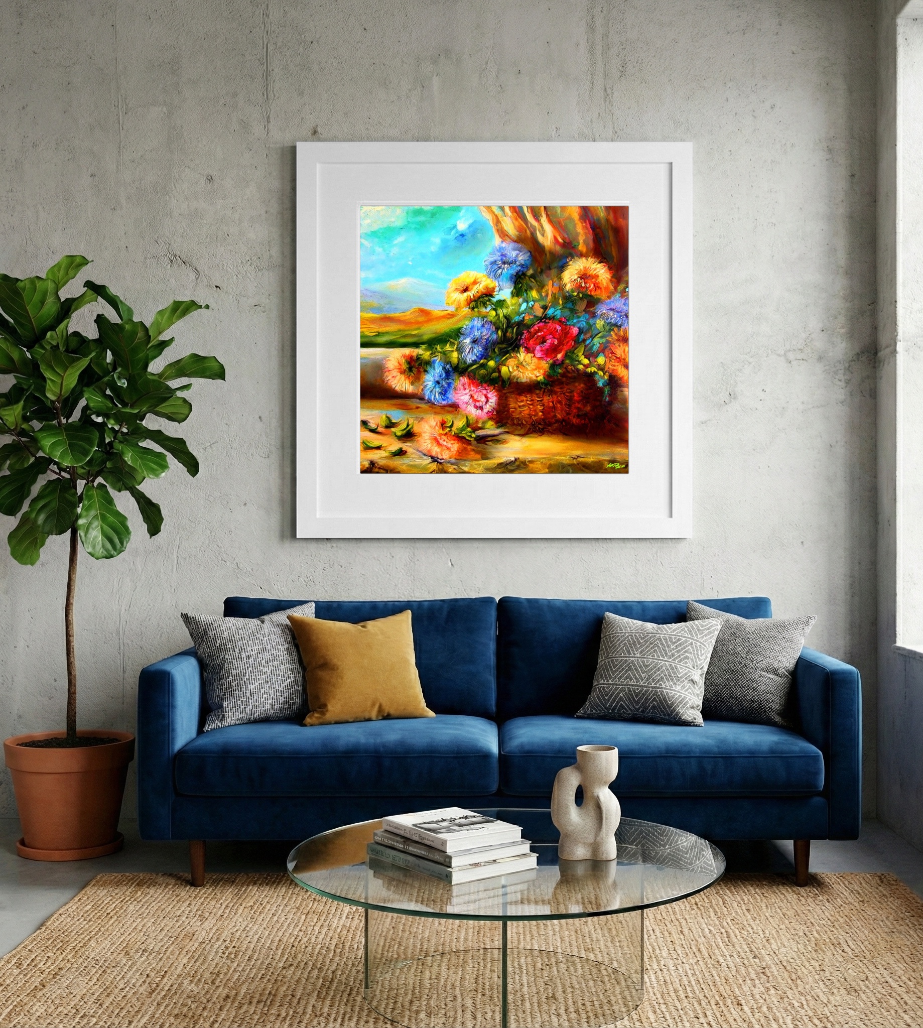 Cerulean and Crimson Floral Digital Art — art on the wall, room interior preview 2
