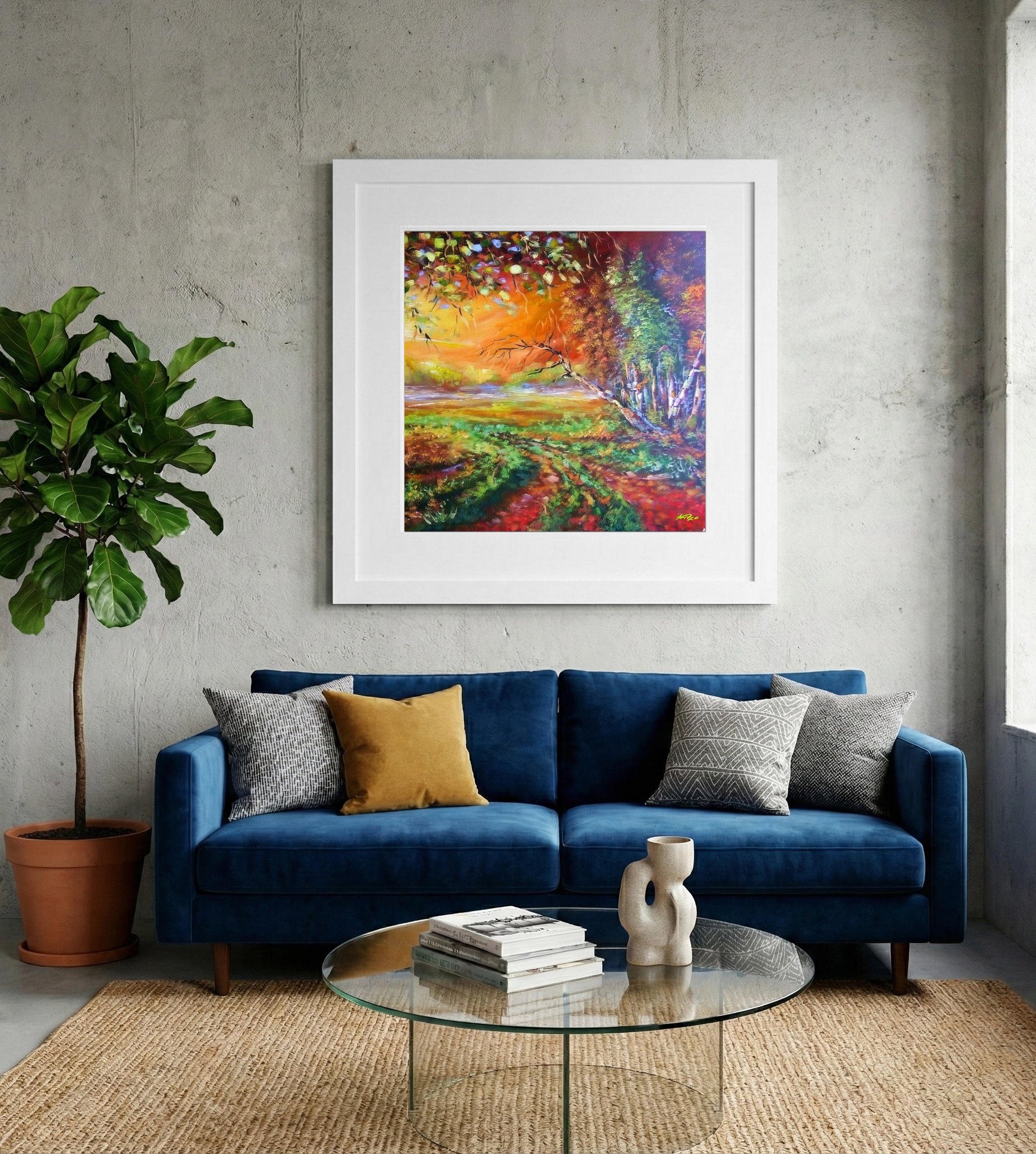 Vibrant Orange Landscape Digital Print — art on the wall, room interior preview 2