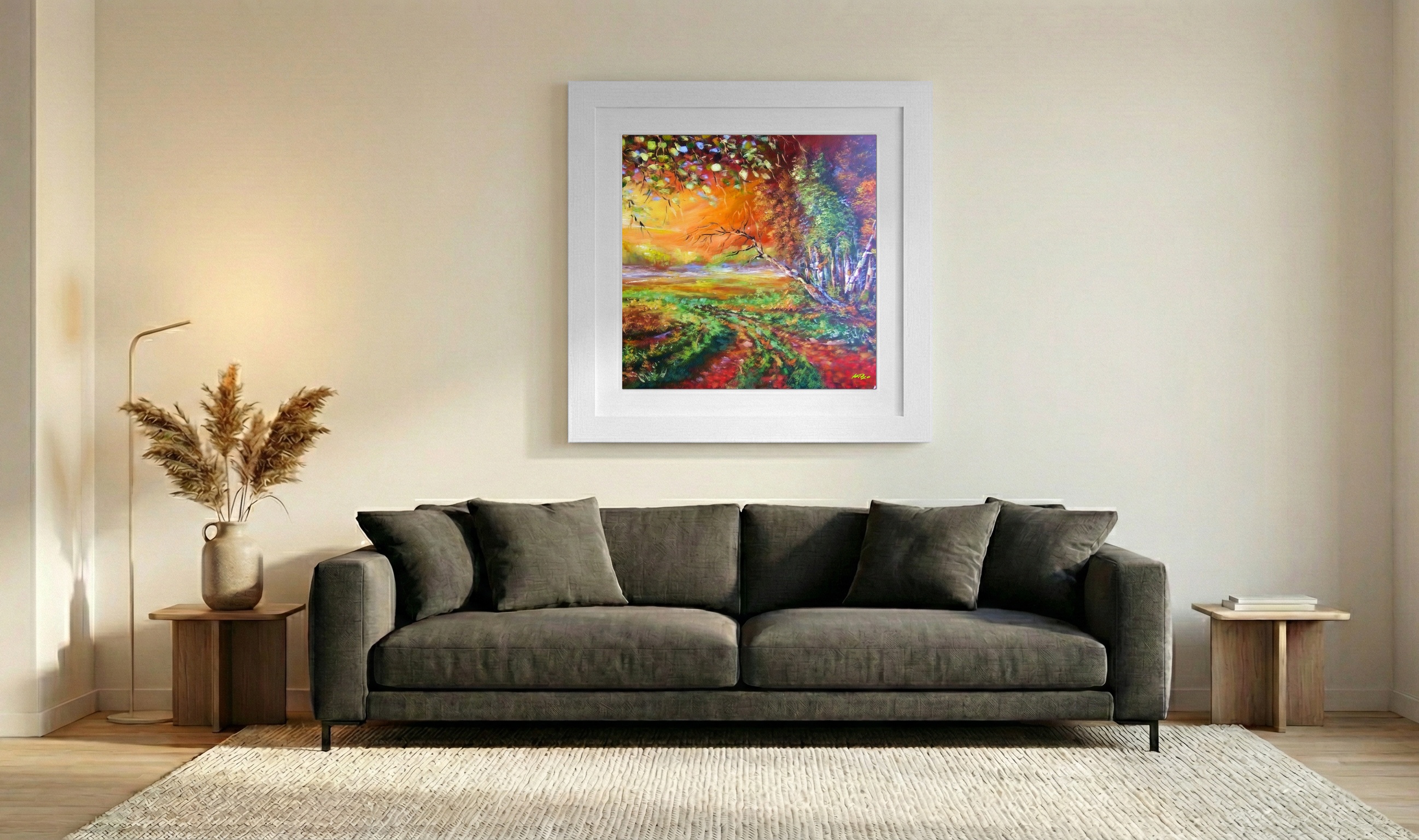 Vibrant Orange Landscape Digital Print — art on the wall, room interior preview 3