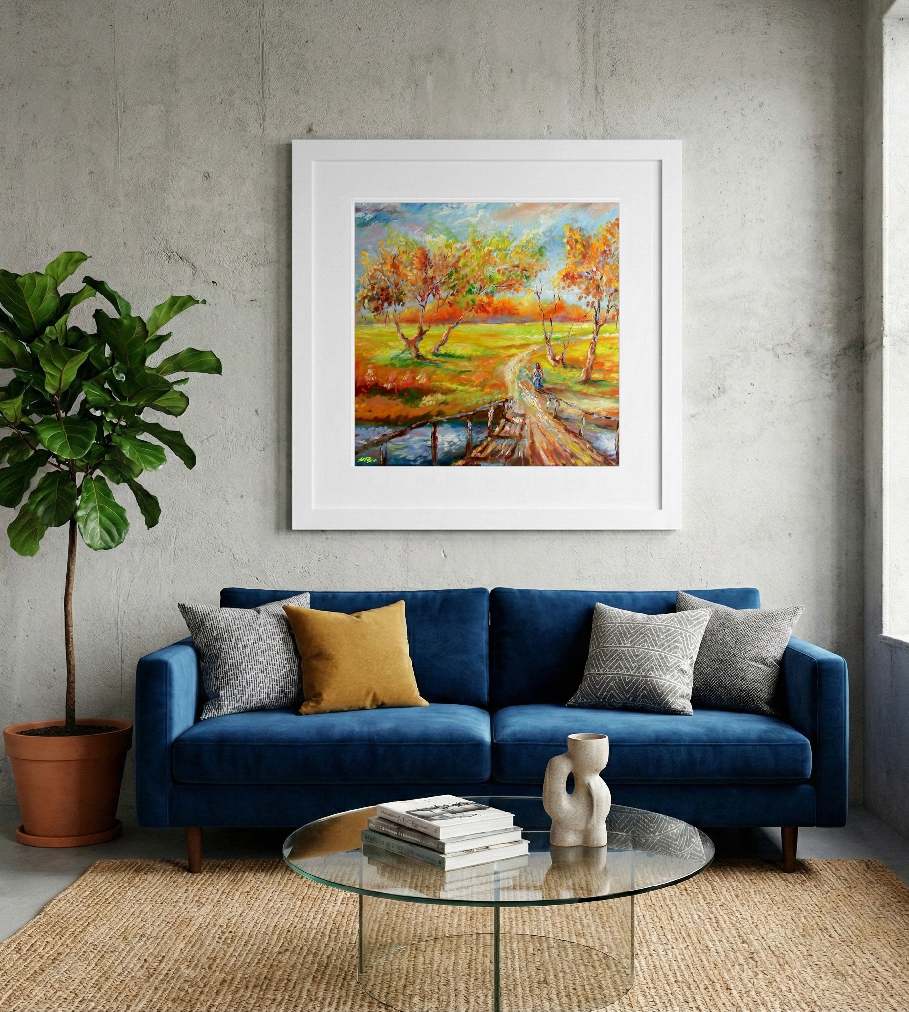 Golden Autumn Trail Digital Artwork — art on the wall, room interior preview 2