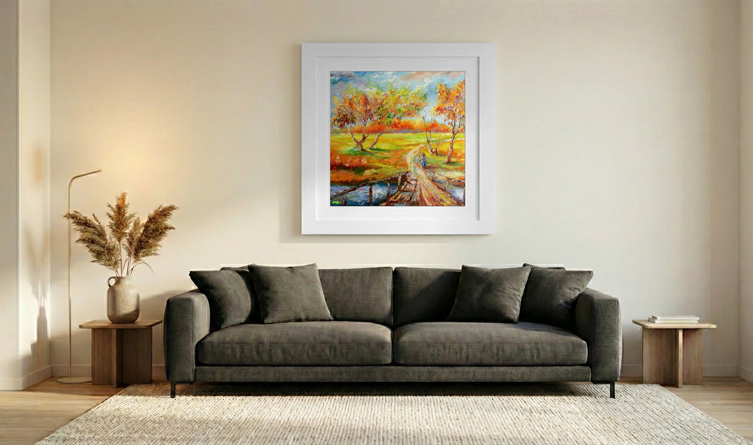Golden Autumn Trail Digital Artwork — art on the wall, room interior preview 3