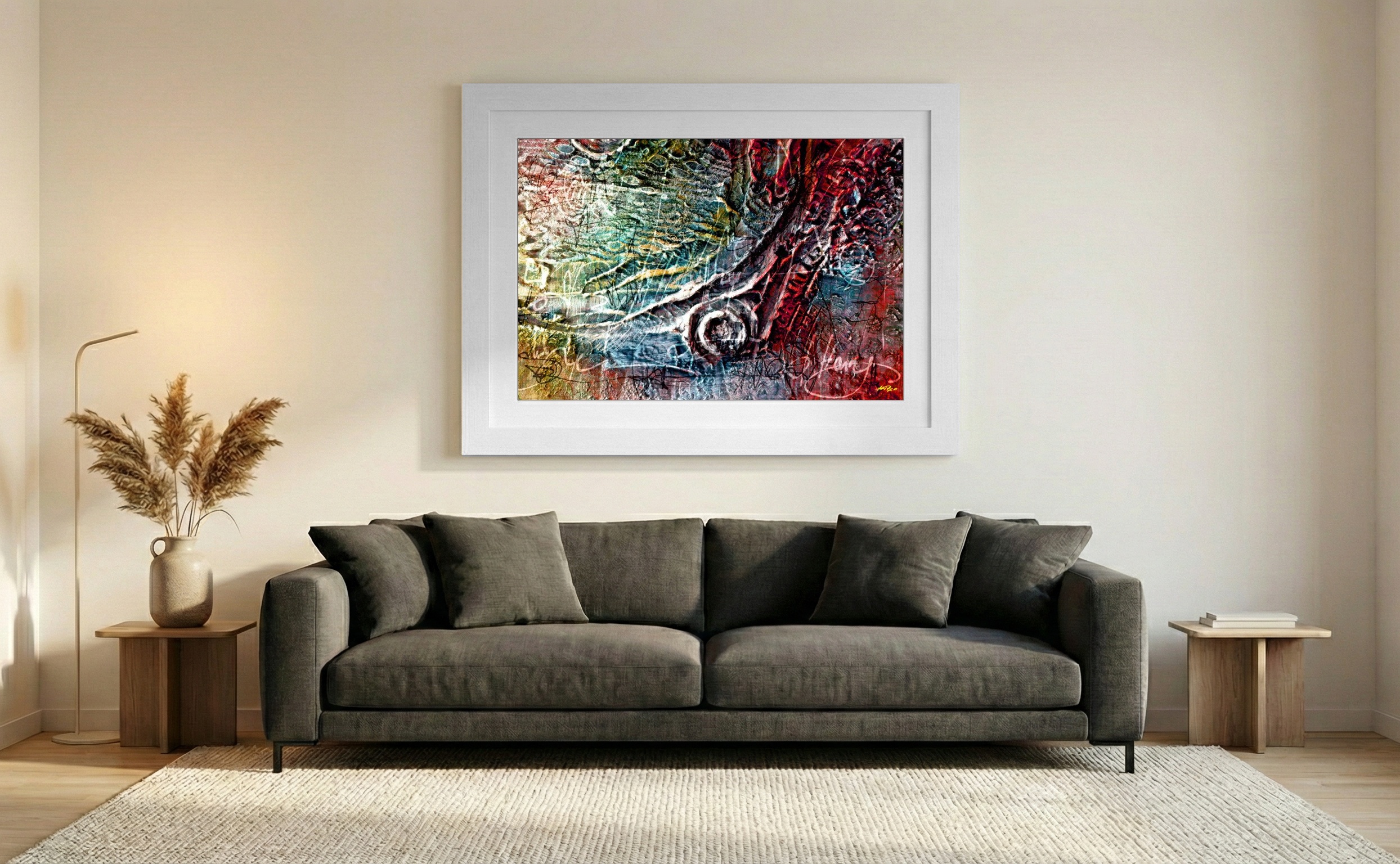 Crimson and Teal Dharma Digital Creation — art on the wall, room interior preview 2