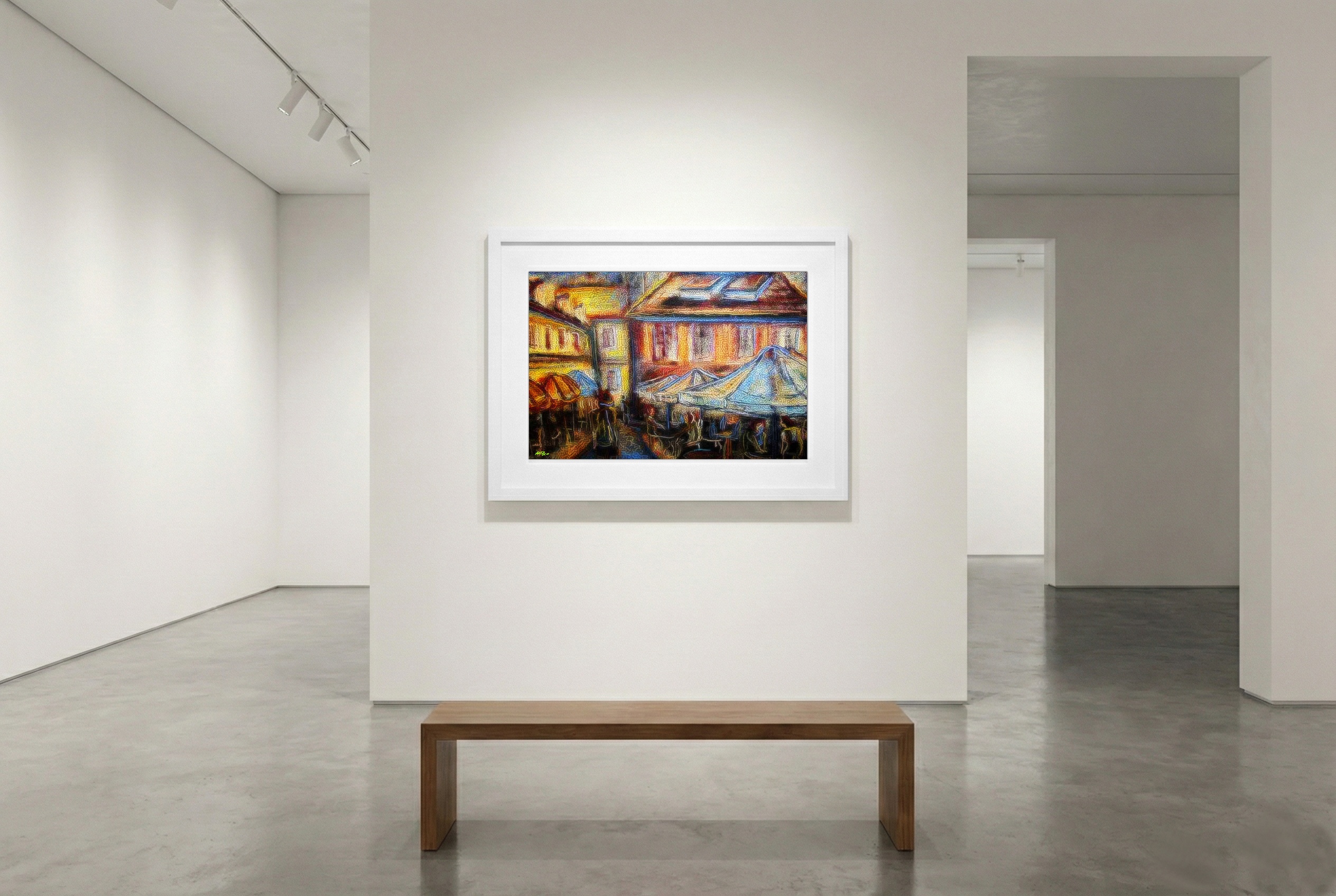 Tangerine and Cerulean Cityscape — art on the wall, room interior preview 2