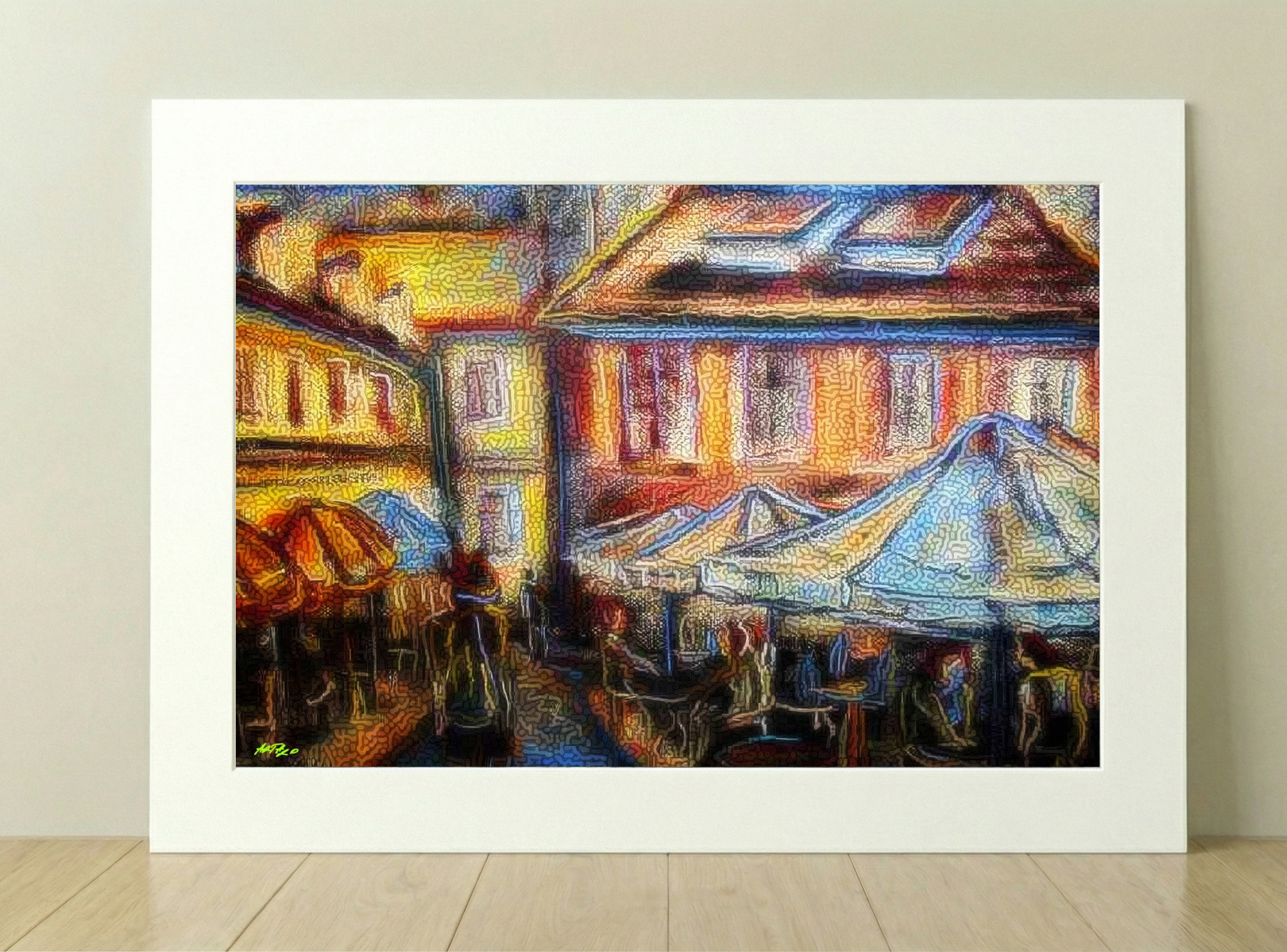 Tangerine and Cerulean Cityscape — art on the wall, room interior preview 3