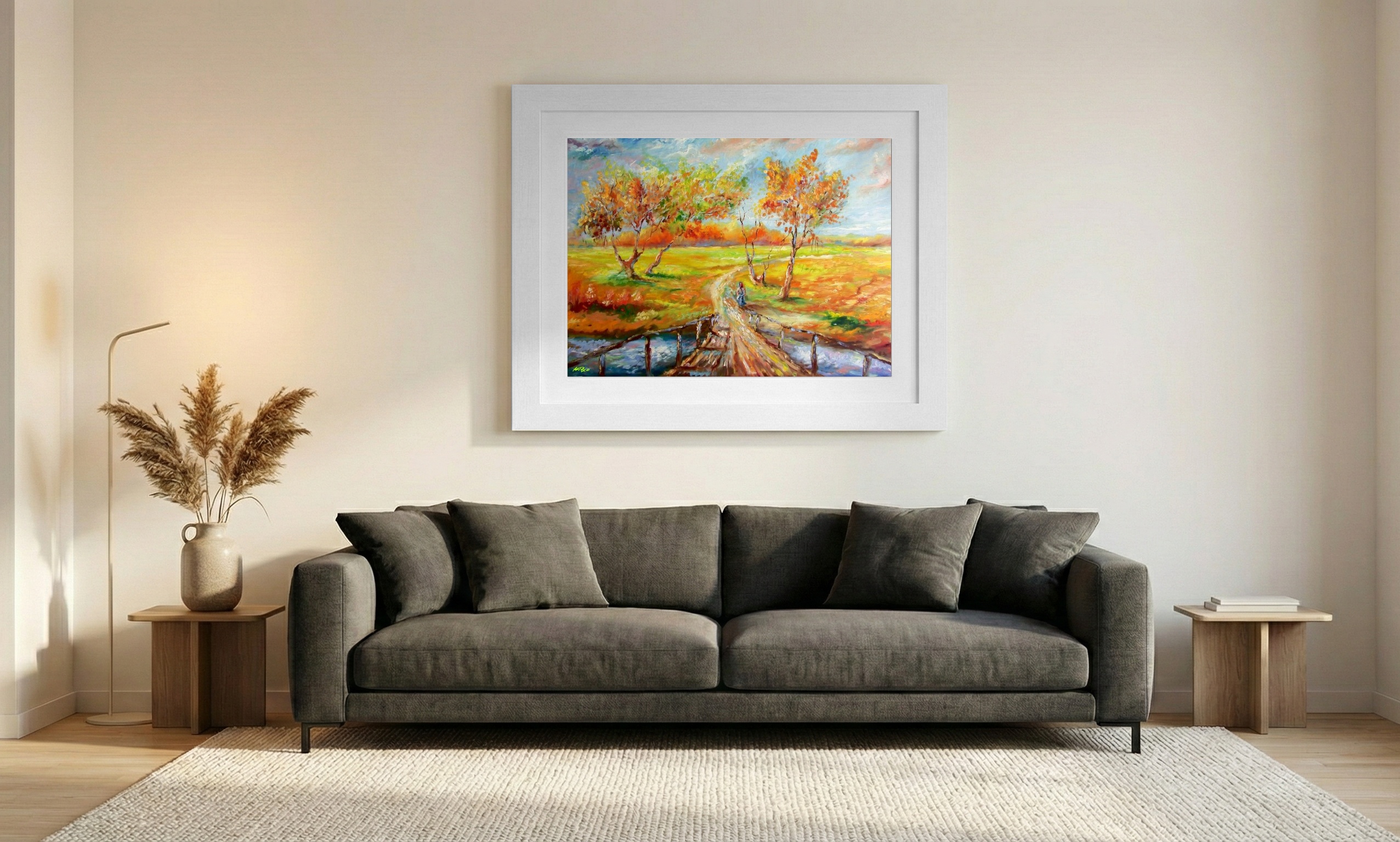 Autumn Pathway in Orange and Green Digital Art — art on the wall, room interior preview 1