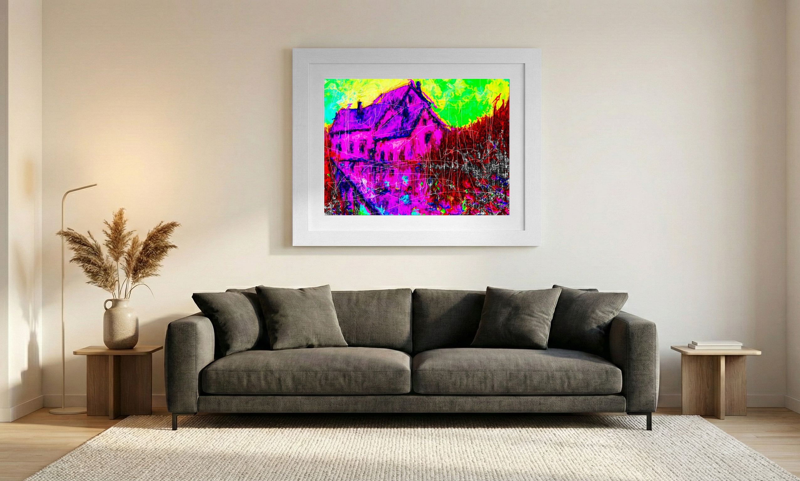 Magenta and Green Watermill Digital Art — art on the wall, room interior preview 1