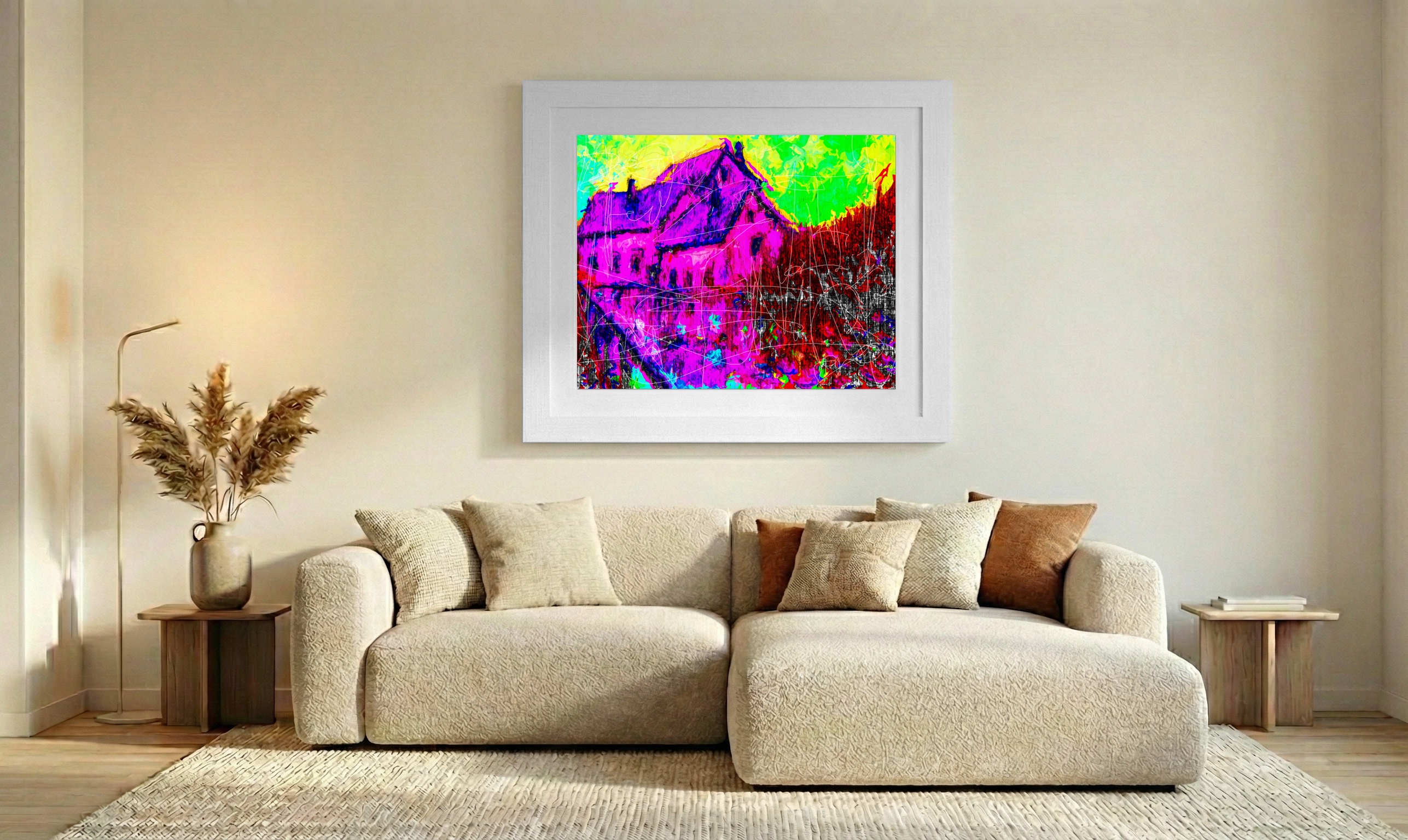 Magenta and Green Watermill Digital Art — art on the wall, room interior preview 2