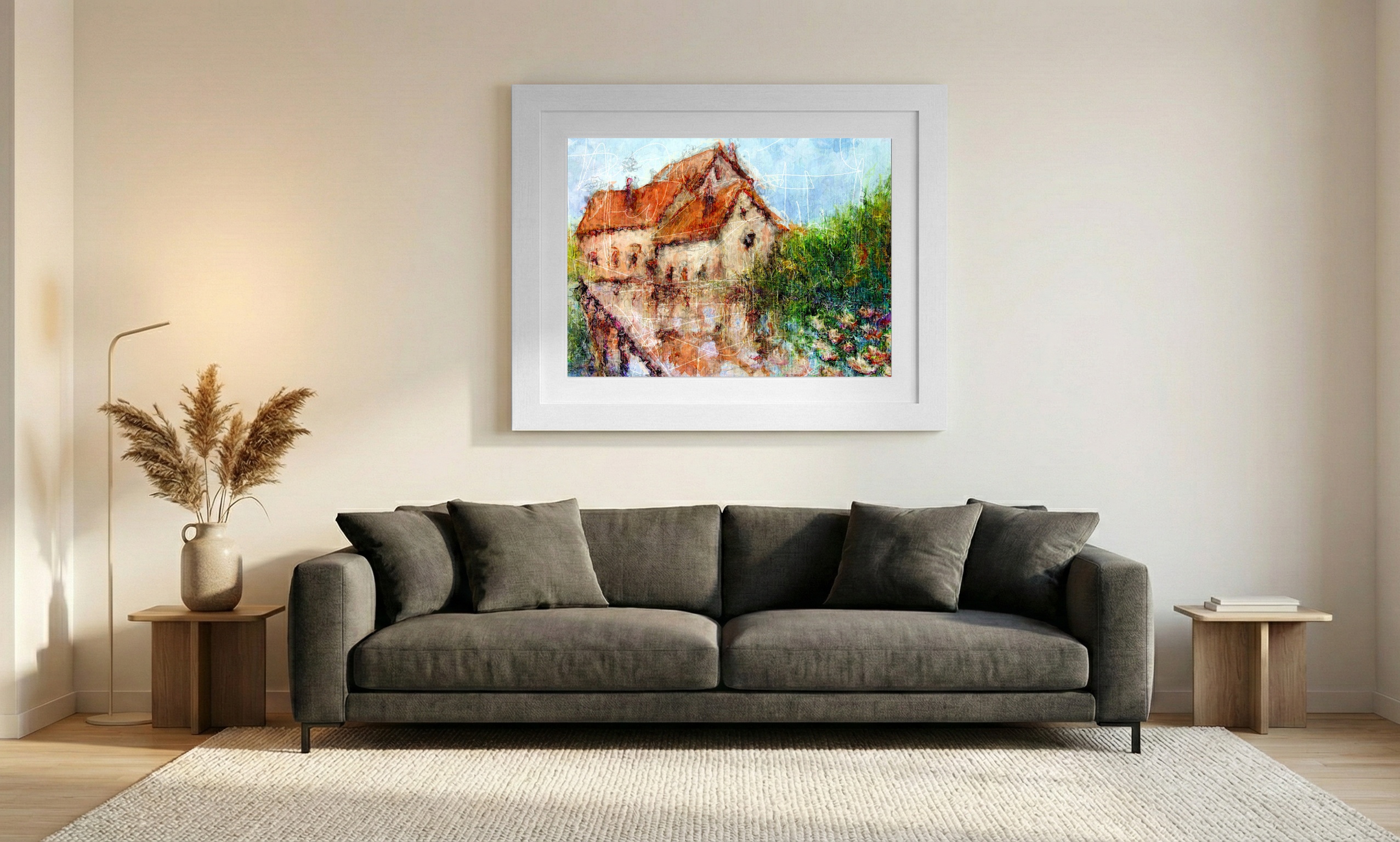 Tranquil Watermill Digital Art — art on the wall, room interior preview 1