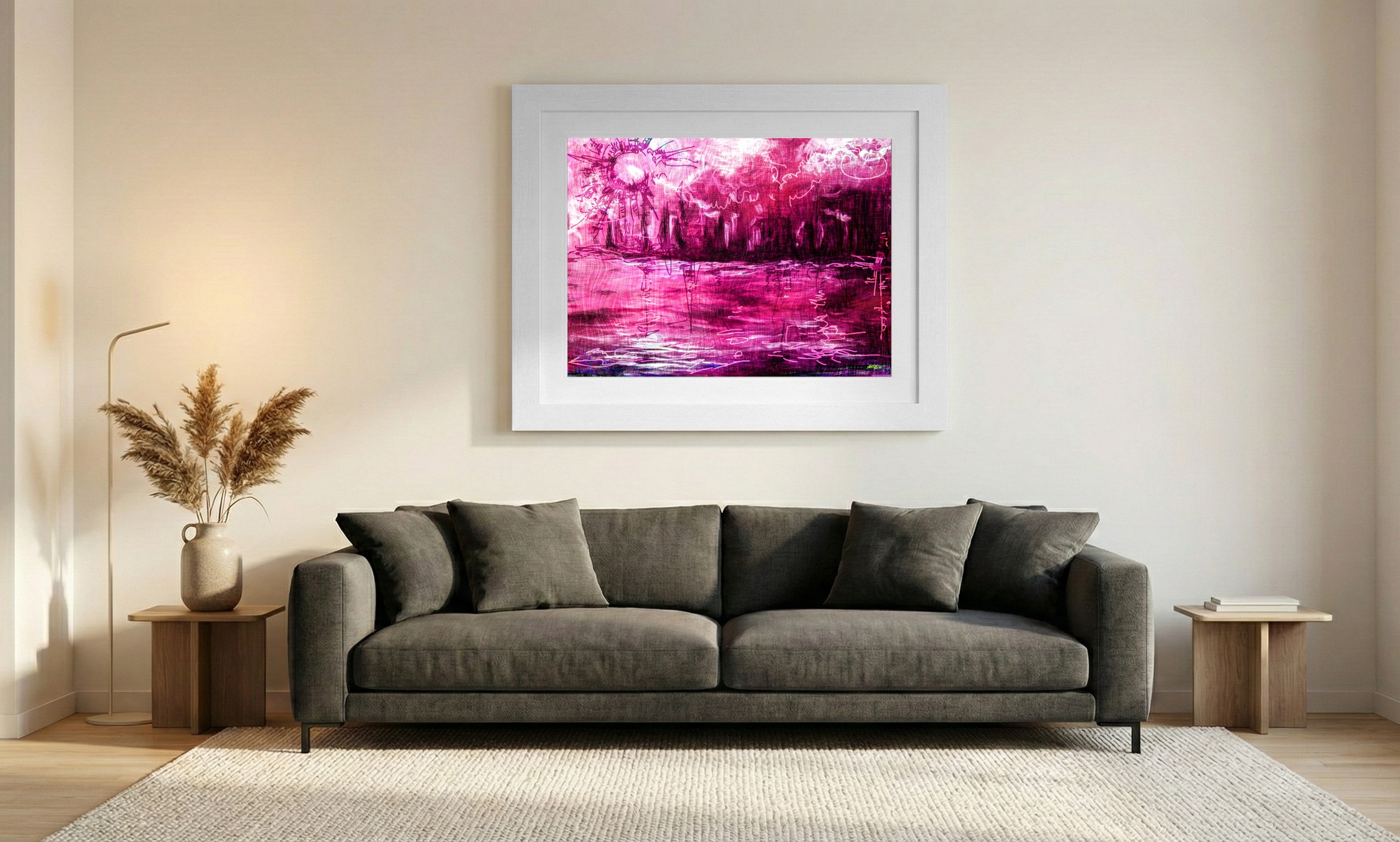 Bold Magenta Cityscape — art on the wall, room interior preview 1