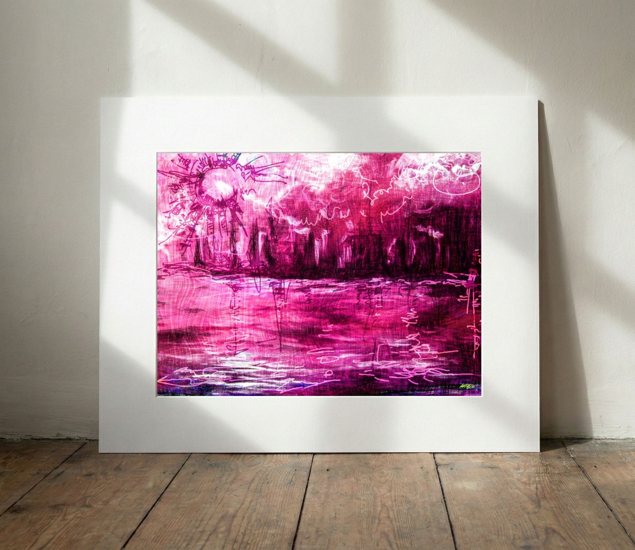 Bold Magenta Cityscape — art on the wall, room interior preview 2