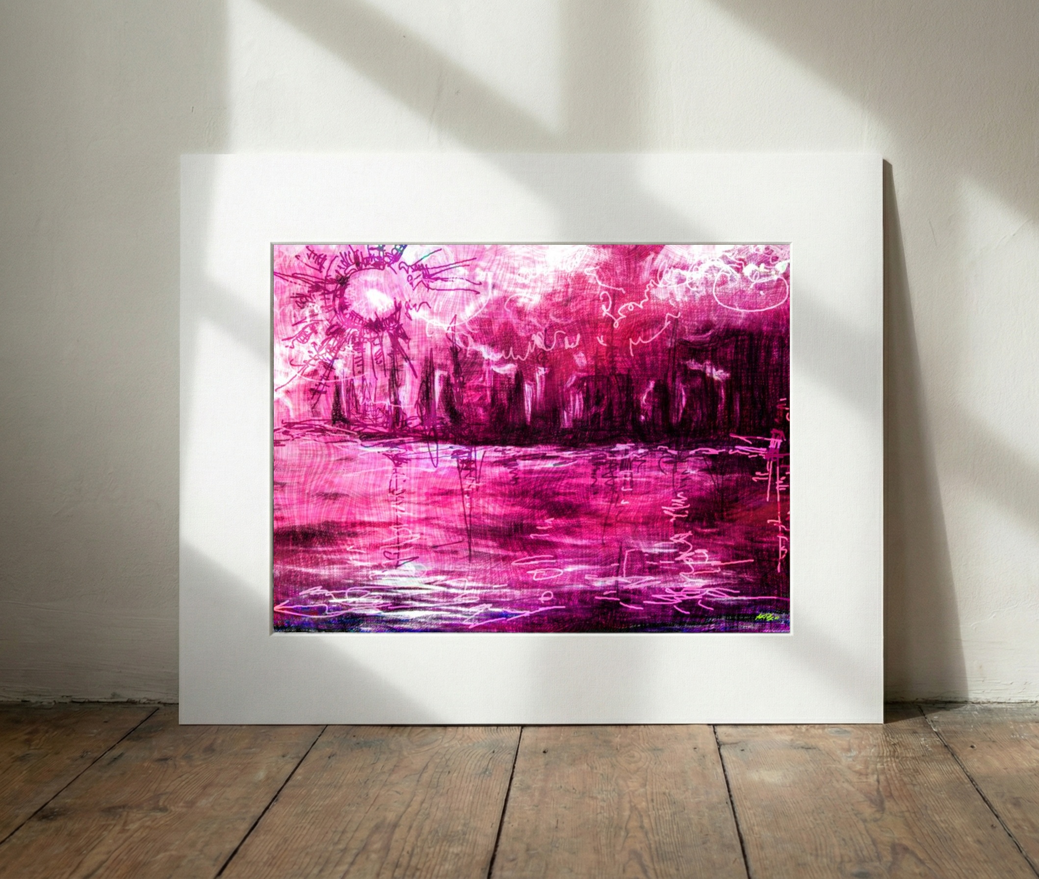 Bold Magenta Cityscape — art on the wall, room interior preview 3